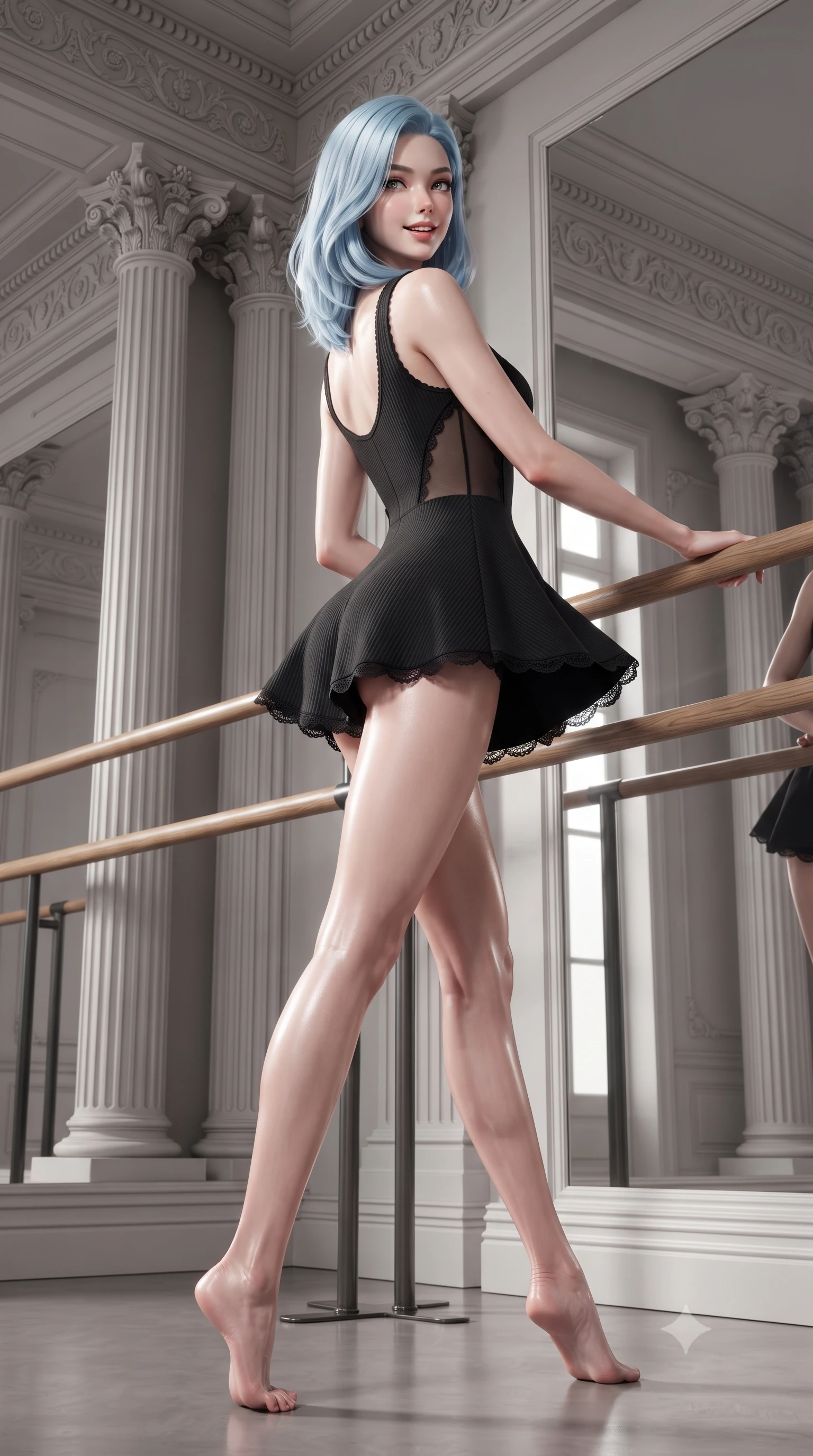 score_9, masterpiece, best quality, ultra-detailed, high-budget anime keyframe, editorial fashion photography, tasteful artistic composition, Korean woman. low angle full-body shot from head to toe showing her feet, filling the entire 9:16 vertical frame with her statuesque presence, stretching her vertical silhouette. executing a slow, graceful pivot turn as her skirt sways around her slender legs, glancing back with an enchanting, teasing sensual expression while leaning back against the barre with hips cocked back, looking into the floor-to-ceiling mirror with an alluring, parted-lip smile. The surrounding environment is rendered in vivid detail and crisp panoramic clarity: detailed ribbed knit leotard texture, dewy perspiration glow on skin, and classical studio architecture in high resolution. She has an absolutely perfect, statuesque 8.5-heads proportion, an exceptionally tall and slender model-like female figure with impossibly long slender legs, an ultra-slim waist, a flat toned midriff, narrow delicate ribcage, and beautifully sculpted feminine hips creating a graceful, slim hourglass silhouette without any bulky heaviness. sharp v-shaped jawline, high-bridge nose, sparkling eyes with hypnotic seductive depth, thick curled eyelashes, glossy parted lips with a natural dewy peach sheen, alluring bedroom-eyes with an enchanting coquettish smile, exuding magnetic siren charisma and sophisticated glamour, flawlessly proportioned anatomical accuracy, strict slender model proportions, natural body alignment, perfectly sculpted long slender limbs, ultra-slim waistline, clean dynamic posture without body distortion. wearing a deep sweetheart-neckline matte-carbon bodycon romper with sheer side-torso cutouts accentuating her hourglass curves in high-contrast monochrome black and optic white, crafted from second-skin technical compression fabric with moisture-wicking stretch, finished with scalloped eyelash lace trim framing her sweetheart neckline with intimate elegance, the high-slit wrap tailoring accentuating her ultra-slim waistline and the enchanting curve of her feminine hips with alluring seductive charm. illuminated by mirror reflection bounce and sharp platinum rim lights sculpting her jawline, flat midriff, and voluptuous hip curves. ultra-reflective glossy finish, specular highlights, rich textural contrasts, high-contrast stereoscopic depth, volumetric dynamic lighting, 2k, ultra detail, master piece, 9:16 ratio