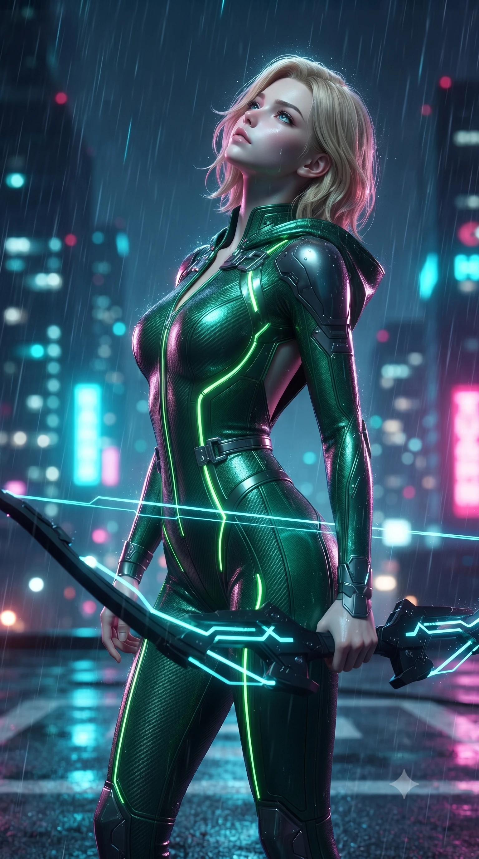 score_9, masterpiece, best quality, ultra-detailed, high-budget anime keyframe, editorial fashion photography, tasteful artistic composition, Caucasian woman. close-up cowboy shot from the waist and thighs up, the character dominates the composition, filling the frame with her large presence. tilting her head back with serene regal elegance, her sharp jawline and sculpted collarbones highlighted by glowing weapon energy reflections while standing with supreme combat grace on a wet skyscraper helipad amidst heavy neon rain while drawing a glowing cyan plasma katana. The composition keeps background elements in soft focus with creamy bokeh. heavy neon rain streaks and distant skyscraper light grids blurred into dazzling cyan, magenta, and charcoal bokeh. She has an exceptionally elegant, slender, and willowy female figure with an ultra-slim waist, a gracefully sculpted slender torso, toned flat midriff, and a refined slim silhouette. sharp v-shaped jawline, high-bridge nose, intricate jewel-like eyes with depth, thick eyelashes, glossy lips with a natural sheen, flawlessly proportioned anatomical accuracy, strict slender model proportions, natural body alignment, perfectly sculpted long slender limbs, ultra-slim waistline, clean dynamic posture without body distortion. wearing a tailored emerald-green carbon-fiber tactical jumpsuit with glowing lime LED channels and an open cowl back, drawing a floating holographic photon energy bow with supreme grace in matte obsidian carbon black with electric cyan conduits, tailored from flexible second-skin carbon-mesh that clings flawlessly to her athletic curves, detailed with magnetic weapon holsters and polished chrome connection clasps, the glove-like aerodynamic second-skin fit tightly clinging to her ultra-slender waist and athletic curves without adding bulk, accentuating her razor-sharp statuesque lines and slim hourglass silhouette. illuminated by crisp white key lighting with sharp specular highlights tracing her sculpted carbon armor curves. ultra-reflective glossy finish, specular highlights, dark metallic sheen, high-contrast stereoscopic depth, volumetric dynamic lighting, 2k, ultra detail, master piece, 9:16 ratio
