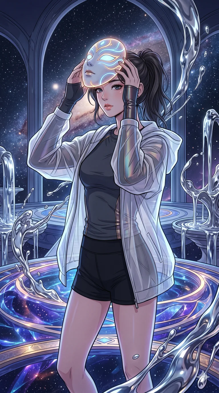 score_9, masterpiece, best quality, ultra-detailed, high-budget anime movie keyframe, cinematic anime lighting, intricate line art, Korean anime girl. Medium shot of upper body capturing the intricate details of her high-fashion attire. adjusting a glowing mask in a celestial bridge made of light with liquid mercury fountains. She has an absolutely perfect 8-heads proportion, an exceptionally tall and slender female figure with an ultra-slim waist and impossibly long slender legs. sharp v-shaped jawline, high-bridge nose, intricate jewel-like eyes, thick eyelashes, glossy lips. Wearing premium athleisure set with a metallic-finish compression top, high-cut yoga shorts that accentuate her long legs, and a sheer oversized hoodie. The scene is illuminated by dramatic atmospheric lighting and vibrant color palettes. 2k, ultra detail, master piece, 9:16 ratio