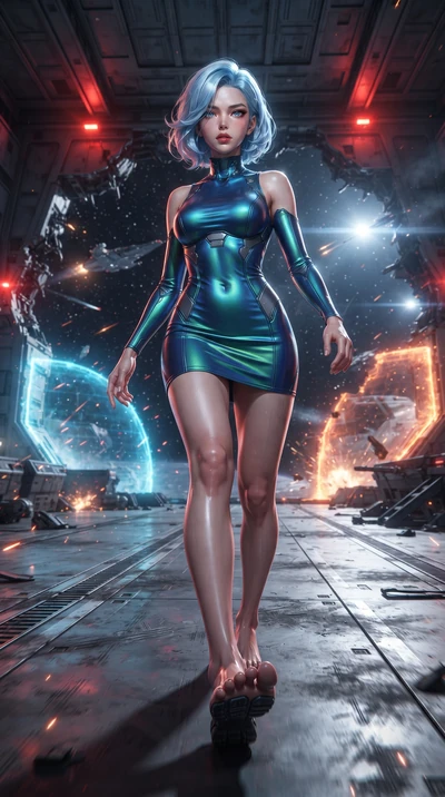 score_9, masterpiece, best quality, ultra-detailed, high-budget anime keyframe, editorial fashion photography, tasteful artistic composition, realistic cosplay photography, Korean woman. low angle full-body shot from head to toe showing her feet, fil