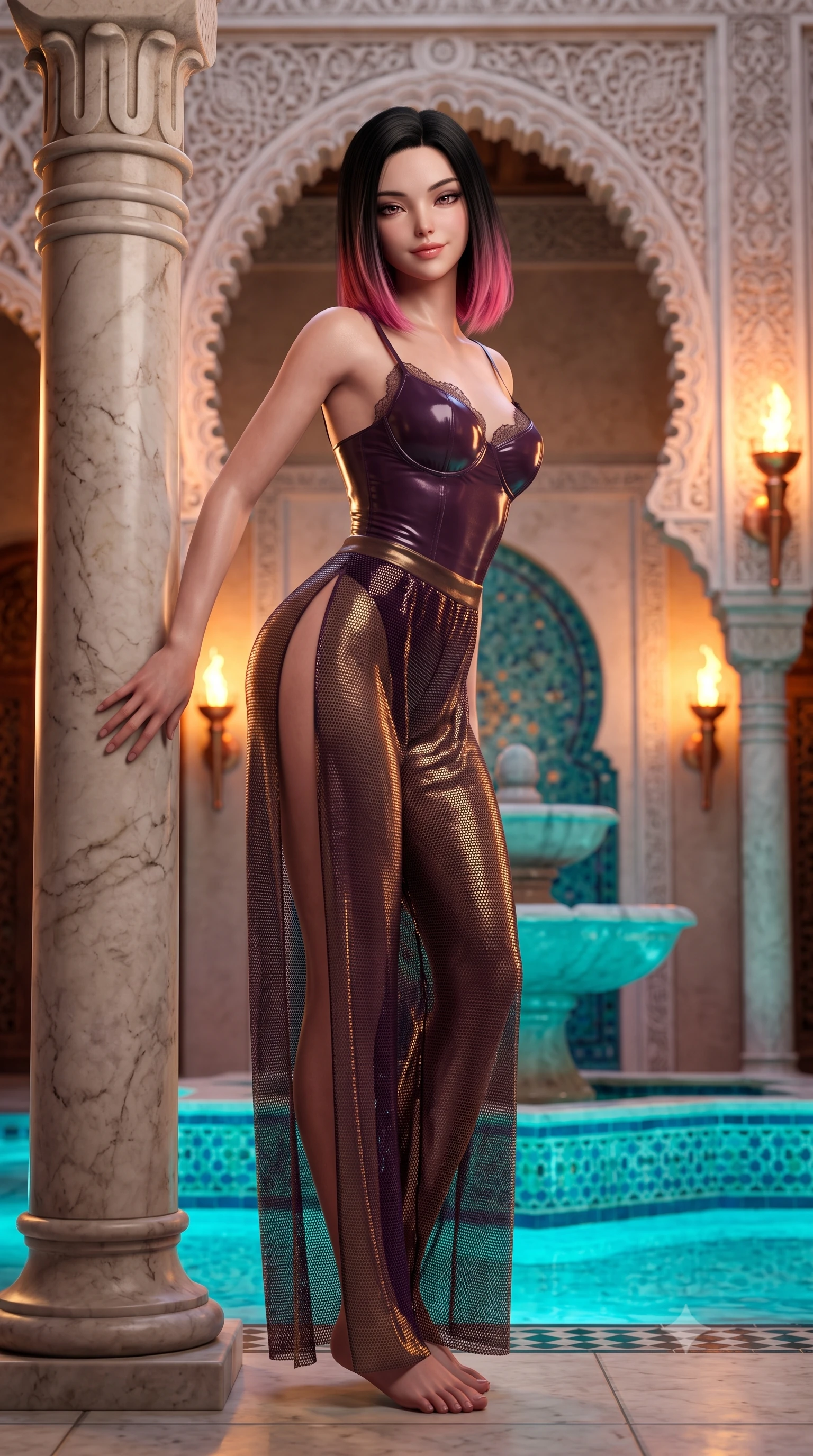 score_9, masterpiece, best quality, ultra-detailed, high-budget anime keyframe, semi-realistic 3D game render, editorial fashion photography, tasteful artistic composition, Korean woman. low angle full-body shot from head to toe showing her feet, filling the entire 9:16 vertical frame with her statuesque presence, stretching her vertical silhouette. standing tall beside the architectural column, one hand resting high while arching her lower back to emphasize her sculpted feminine hips and slender waist while leaning against the fluted marble column with hips cocked back, looking into the camera with an intoxicating, heavy-lidded bedroom-gaze. The background shows a soft-focus intricate carved arabesque plaster arches, glowing copper torches in brackets, and central turquoise zellij fountain blurred into cobalt, copper, and honey bokeh. She has an absolutely perfect, statuesque 8.5-heads proportion, an exceptionally tall and slender model-like female figure with impossibly long slender legs, an ultra-slim waist, a flat toned midriff, narrow delicate ribcage, and beautifully sculpted feminine hips creating a graceful, slim hourglass silhouette without any bulky heaviness. sharp v-shaped jawline, high-bridge nose, sparkling eyes with hypnotic seductive depth, thick curled eyelashes, glossy parted lips with a natural dewy peach sheen, alluring bedroom-eyes with an enchanting coquettish smile, exuding magnetic siren charisma and sophisticated glamour, flawlessly proportioned anatomical accuracy, strict slender model proportions, natural body alignment, perfectly sculpted long slender limbs, ultra-slim waistline, clean dynamic posture without body distortion. wearing a wet-look form-fitting vinyl bustier paired with sheer chiffon high-slit wide-leg trousers in rich dark plum violet and gilded antique brass, crafted from shimmering fluid chainmail mesh reflecting ambient lights, finished with scalloped eyelash lace trim framing her sweetheart neckline with intimate elegance, the precision-cut side openings and low-back scoop framing her graceful spine and the sensual sweep of her slim, toned hips. bathed in the warm dynamic flicker of real outdoor oil torches combined with turquoise submerged pool downlighting. highly saturated vibrant anime colors, detailed shading with soft gradients, rich glossy textures, high-contrast stereoscopic depth, volumetric dynamic lighting, master piece, 9:16 ratio