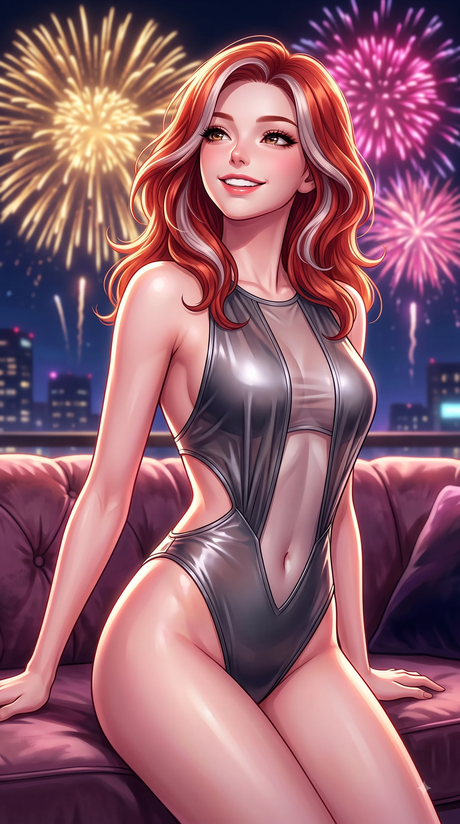 score_9, masterpiece, best quality, ultra-detailed, high-budget anime keyframe, editorial fashion photography, tasteful artistic composition, Caucasian woman. close-up cowboy shot from the waist and thighs up, the character dominates the composition, filling the frame with her large presence, background elements kept in soft focus. Tilting her chin up with a beaming smile of pure delight while balancing dynamically amidst the scene while resting happily against a plush lounge sofa as golden fireworks burst in the night sky, spectacular golden and magenta fireworks bursting in the background night skyline. She has an exceptionally elegant, slender, and willowy female figure with an ultra-slim waist, a gracefully sculpted slender torso, and a refined silhouette. sharp v-shaped jawline, high-bridge nose, intricate jewel-like eyes with depth, thick eyelashes, glossy lips with a natural sheen, flawlessly proportioned anatomical accuracy, natural body alignment, perfectly sculpted elegant limbs, clean dynamic posture without body distortion. wearing a high-cut translucent vinyl leotard with front paneling and open back in charcoal grey and platinum, crafted from lustrous satin jersey with fluid draping, featuring subtle geometric cutouts that highlight her ultra-slim midriff, the elegant draped fit framing her graceful clavicle and slender torso. illuminated by cheerful city skyline backlighting and vibrant rim lights. highly saturated vibrant anime colors, detailed shading with soft gradients, rich glossy textures, high-contrast stereoscopic depth, volumetric dynamic lighting, master piece, 9:16 ratio