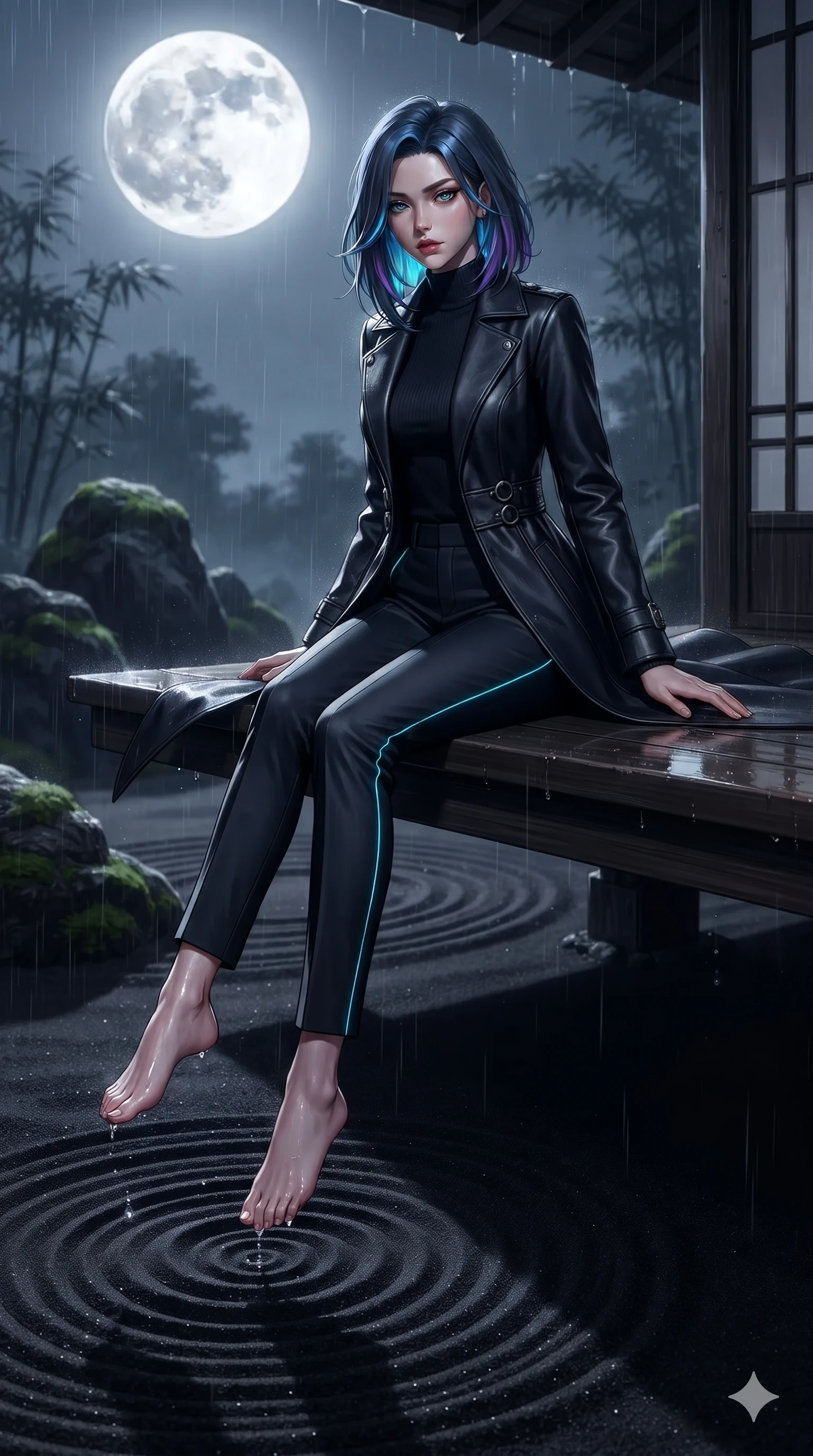 score_9, masterpiece, best quality, ultra-detailed, high-budget anime keyframe, editorial fashion photography, tasteful artistic composition, Caucasian woman. low angle full-body shot from head to toe showing her feet, filling the entire 9:16 vertical frame with her statuesque presence, stretching her vertical silhouette. striding across the rain-swept glass terrace, nocturnal breezes whipping her garments open to accentuate her long slender legs and curvy hips while sitting poised on the polished wooden veranda edge with legs dangling over the dark sand ripples, casting an intoxicating, heavy-lidded gaze. The background shows a soft-focus concentric raked ripples in black volcanic sand, dark moss-rimmed boulder groupings, and distant bamboo silhouettes blurred into silver, slate, and charcoal bokeh. She has an absolutely perfect, statuesque 8.5-heads proportion, an exceptionally tall and slender model-like female figure with impossibly long slender legs, an ultra-slim waist, a flat toned midriff, narrow delicate ribcage, and beautifully sculpted feminine hips creating a graceful, slim hourglass silhouette without any bulky heaviness. sharp v-shaped jawline, high-bridge nose, intricate jewel-like dark sparkling eyes with hypnotic seductive depth, thick curled eyelashes, glossy parted lips with a natural wine sheen, alluring bedroom-eyes with an enigmatic smoldering smile, exuding magnetic sovereign charisma and dark avant-garde glamour, flawlessly proportioned anatomical accuracy, strict slender model proportions, natural body alignment, perfectly sculpted long slender limbs, ultra-slim waistline, clean dynamic posture without body distortion. wearing a structured dark leather long coat over a turtleneck and tailored slacks in neon cyan edge-glow and dark carbon black, tailored from soft dark satin with subtle light-absorbing depth, trimmed with dark chrome ring hardware along the waist contours, the bespoke structured tailoring following the natural line of her 8.5-heads silhouette with refined elegance. bathed in the blinding, crisp 5500K silver light of the full moon casting razor-sharp shadows across the black sand. ultra-reflective glossy finish, specular highlights, metallic sheen, high-contrast stereoscopic depth, volumetric dynamic lighting, 2k, ultra detail, master piece, 9:16 ratio