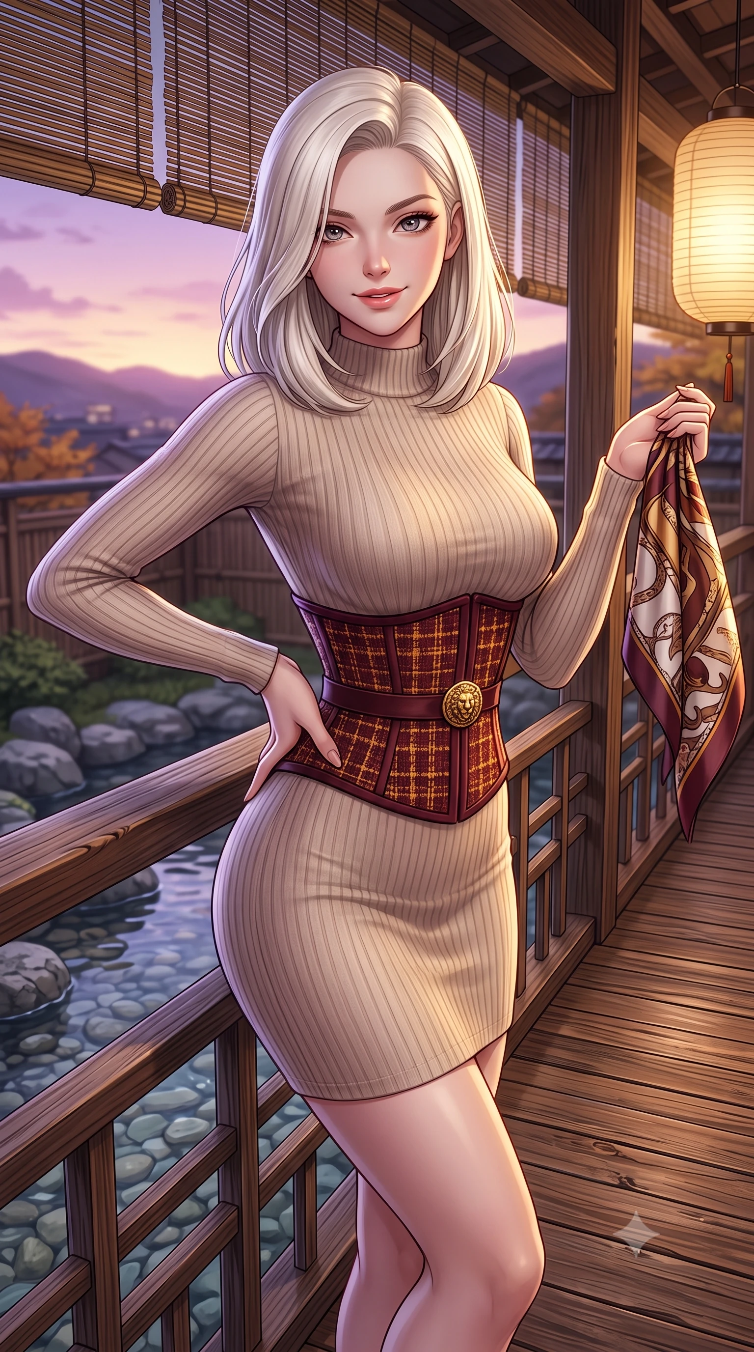 score_9, masterpiece, best quality, ultra-detailed, high-budget anime keyframe, semi-realistic 3D game render, editorial fashion photography, tasteful artistic composition, Caucasian woman. close-up cowboy shot from the waist and thighs up, the character dominates the composition, filling the frame with her large presence. arching her lower back slightly with one hand resting on her sculpted hip, looking into the camera with an enchanting and coquettish smile while leaning gently against the cedar lattice railing of the historic machiya balcony, one hand holding her scarf against the crisp evening breeze. The surrounding environment is rendered in vivid detail and crisp panoramic clarity: sharp weather-beaten cedar wood decking textures, river stones in clear shallow water, and bamboo lattice blinds in deep focus. She has an exceptionally elegant, slender, and willowy female figure with an ultra-slim waist, flat toned midriff, narrow ribcage, and sculpted feminine hips creating an alluring, slim hourglass silhouette without bulk. sharp v-shaped jawline, high-bridge nose, intricate jewel-like sparkling eyes with depth, thick eyelashes, glossy parted lips with a natural peach sheen, bright cheerful beaming smile with an enchanting and coquettish sensual glint, exuding both youthful cute charm and seductive allure, flawlessly proportioned anatomical accuracy, strict slender model proportions, natural body alignment, perfectly sculpted long slender limbs, ultra-slim waistline, clean dynamic posture without body distortion. wearing a form-contouring ribbed cashmere mock-neck knit bodycon dress clinging like a second skin, paired with a tailored tweed waist cincher in rich Oxford burgundy and golden amber, woven from fine elastic rib-knit fabric tracing every millimeter of her slender torso, accented with an ornate 24k gold lion-embossed crest button along the snug front closure, the second-skin tailored fabric adhering flawlessly to her sculpted flat midriff and slender torso, emphasizing her long leg lines and perfectly proportioned willowy build. bathed in the soft purple-gold twilight glow of autumn sunset over the Higashiyama mountains mixed with warm paper lantern lights. highly saturated vibrant anime colors, detailed shading with soft gradients, rich glossy textures, high-contrast stereoscopic depth, volumetric dynamic lighting, master piece, 9:16 ratio