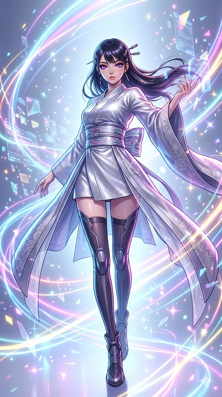score_9, masterpiece, best quality, ultra-detailed, High-budget Anime Keyframe, beautiful Korean anime girl. Low angle cowboy shot filling the entire 9:16 frame with her overwhelming presence. Dancing with floating data-shards in a minimalist digital void filled with colorful light trails. She has an absolutely perfect 8-heads proportion, an exceptionally tall and slender female figure with impossibly long slender legs and an ultra-slim waist. Sharp v-shaped jawline, high-bridge nose, intricate jewel-like eyes with depth, thick eyelashes, glossy lips with a natural sheen. Wearing a Modern Traditional outfit: silver shortened cyber-hanbok, kimono-style wrap with wide obi, fusion silk robes with transparent panels. Background is a bright and colorful environment with cinematic lighting, dynamic particle effects, and high-contrast shadows. 2k, ultra detail, master piece, 9:16 ratio