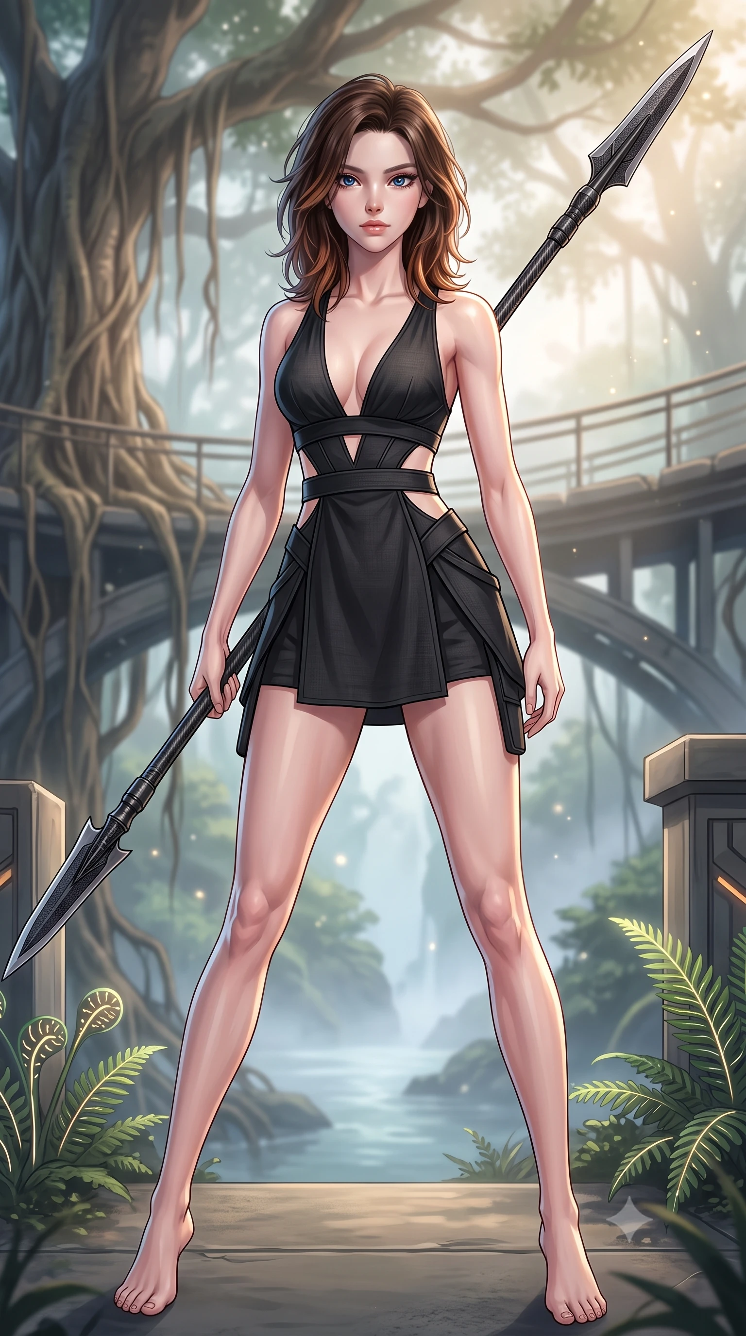 score_9, masterpiece, best quality, ultra-detailed, high-budget anime keyframe, editorial fashion photography, tasteful artistic composition, Korean woman. low angle full-body shot from head to toe showing her feet, filling the entire 9:16 vertical frame with her statuesque presence, stretching her vertical silhouette. standing in a dynamic combat stance with a carbon-fiber spear held diagonally, stretching her statuesque body, the background shows a soft-focus a banyan tree bridge overlooking a misty river with bio-engineered ferns. She has an absolutely perfect, statuesque 8.5-heads proportion, an exceptionally tall and slender model-like female figure with impossibly long slender legs and an ultra-slim waist. sharp v-shaped jawline, high-bridge nose, intricate jewel-like eyes with depth, thick eyelashes, glossy lips with a natural sheen. wearing a tailored combat sundress with double waist cutouts and a plunging neckline in carbon-black linen. soft morning mist diffusing the warm starlight, creating a tranquil atmosphere. highly saturated vibrant anime colors, detailed shading with soft gradients, rich glossy textures, high-contrast stereoscopic depth, volumetric dynamic lighting, master piece, 9:16 ratio