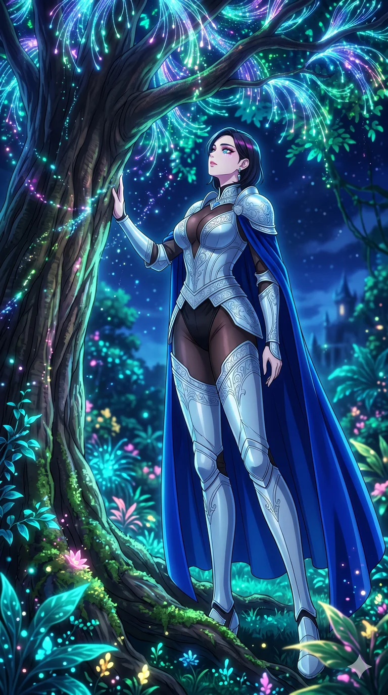 score_9, masterpiece, best quality, ultra-detailed, High-budget Anime Keyframe, vibrant colors, fluid line-art, expressive lighting, cinematic composition, Ufotable-style visual effects, top-tier animation quality, Korean woman with idol-like refined features. Low angle cowboy shot filling the entire 9:16 frame with her statuesque presence, looking up to emphasize her height. Communing with a ancient tree whose leaves are made of translucent fiber-optics. She has an absolutely perfect 8-heads proportion, an exceptionally tall and slender female figure with impossibly long slender legs and an ultra-slim waist, her statuesque height and towering silhouette dominating the vertical 9:16 frame. Her face is a masterpiece featuring a sharp v-shaped jawline, high-bridge nose, intricate jewel-like eyes with depth, thick eyelashes, and glossy lips with a natural sheen. She is wearing a Form-fitting light silver plate armor with intricate engravings, over a sheer silk bodysuit with a deep plunging neckline, and a royal blue velvet cape.. The scene is set in a bioluminescent jungle where every leaf and flower glows with a unique frequency. 2k, ultra detail, master piece, 9:16 ratio