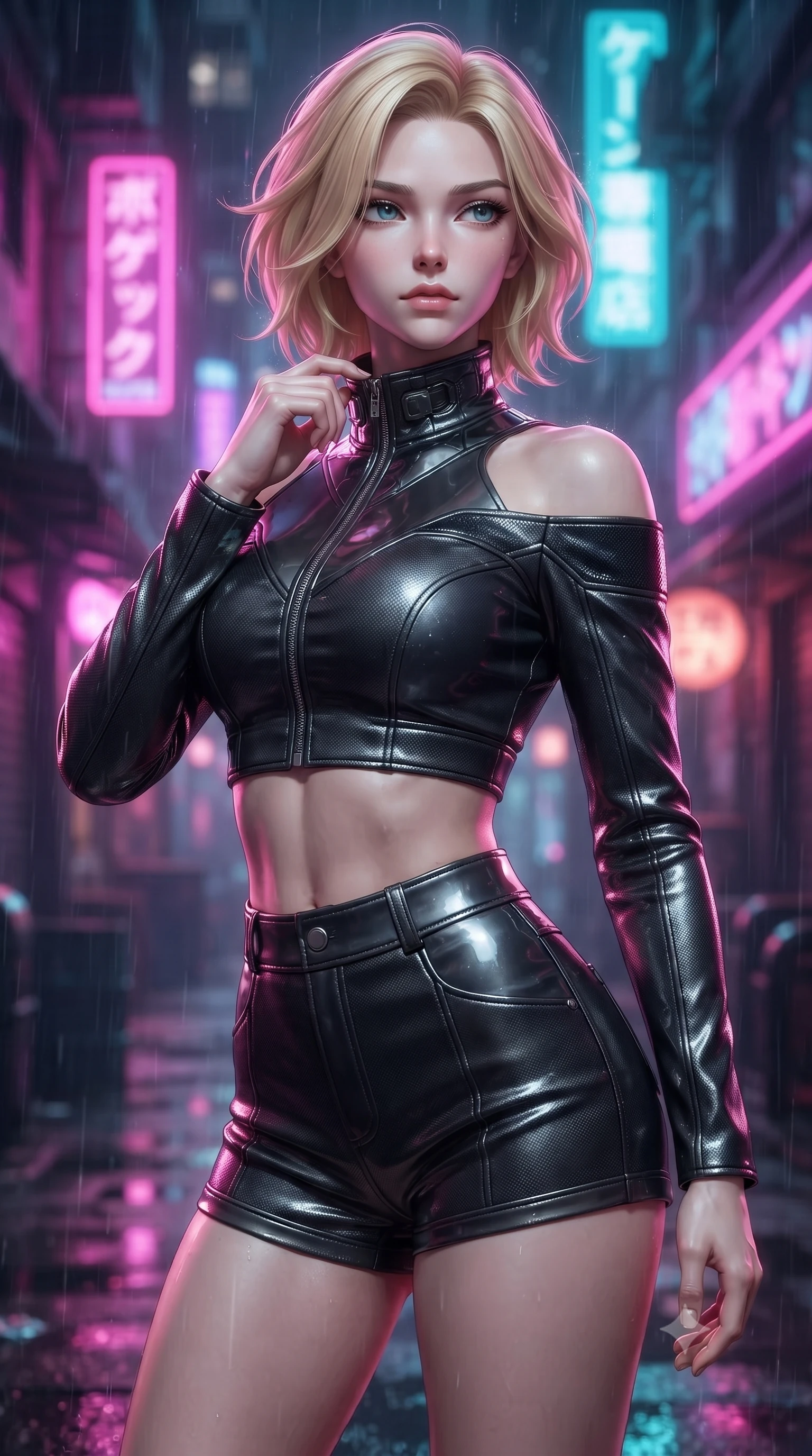 score_9, masterpiece, best quality, ultra-detailed, high-budget anime keyframe, editorial fashion photography, tasteful artistic composition, Caucasian woman. close-up cowboy shot from the waist and thighs up, the character dominates the composition, filling the frame with her large presence, background elements kept in soft focus. adjusting the high collar of her body-hugging suit, looking past the camera with quiet, sharp focus and a composed expression, the background shows a soft-focus a rain-slicked cyberpunk back alley illuminated by flickering neon signs. She has an exceptionally elegant, slender, and willowy female figure with an ultra-slim waist, a gracefully sculpted slender torso, and a refined silhouette. sharp v-shaped jawline, high-bridge nose, intricate jewel-like eyes with depth, thick eyelashes, glossy lips with a natural sheen. wearing a tailored chic off-shoulder carbon-plate crop top, paired with high-waisted utility micro-shorts. intense magenta and cyan neon lights reflecting off the wet asphalt surface. ultra-reflective glossy finish, specular highlights, metallic sheen, high-contrast stereoscopic depth, volumetric dynamic lighting, 2k, ultra detail, master piece, 9:16 ratio