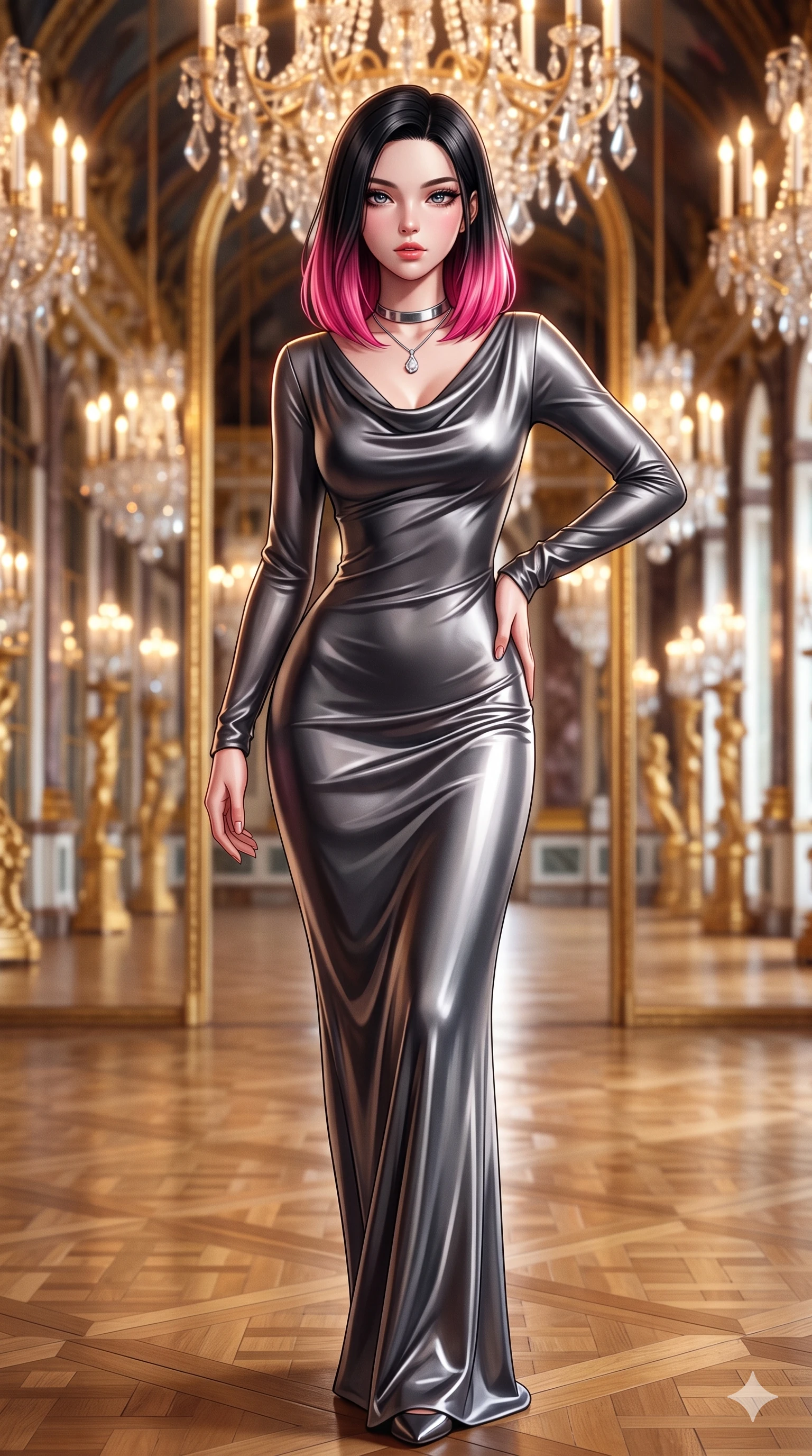 score_9, masterpiece, best quality, ultra-detailed, high-budget anime keyframe, semi-realistic 3D game render, editorial fashion photography, tasteful artistic composition, Korean woman. close-up cowboy shot from the waist and thighs up, the character dominates the composition, filling the frame with her large presence. arching her spine backward with effortless dancer poise, one hand sliding along her hip line as directional light carves specular highlights along her silhouette while stepping forward with hypnotic grace down the gallery aisle, hips swaying in an alluring sensual rhythm that accentuates her curvy hourglass silhouette. The background shows a soft-focus infinite receding gilded mirror reflections, multi-tiered crystal chandeliers, and polished parquet flooring blurred into gold, crystal, and champagne bokeh. She has an exceptionally elegant, slender, and willowy female figure with an ultra-slim waist, flat toned midriff, narrow ribcage, and sculpted feminine hips creating an alluring, slim hourglass silhouette without bulk. sharp v-shaped jawline, high-bridge nose, intricate jewel-like sparkling eyes with depth, thick eyelashes, glossy parted lips with a natural sheen, intensely captivating and seductive bedroom-eyes expression, exuding both youthful cute charm and sovereign luxury allure, flawlessly proportioned anatomical accuracy, strict slender model proportions, natural body alignment, perfectly sculpted long slender limbs, ultra-slim waistline, clean dynamic posture without body distortion. wearing a modest long-sleeve cowl-neck satin column gown draping gracefully to the floor with aristocratic poise in charcoal grey and polished chrome, tailored from heavy double-faced silk georgette with an exceptionally fluid drape, finished with a minimalist chrome choker and a single teardrop diamond pendant, the bespoke structured tailoring following the natural line of her 8.5-heads silhouette with refined elegance. bathed in the warm, sparkling brilliance of hundreds of crystal chandelier prisms creating complex multidirectional highlights. highly saturated vibrant anime colors, detailed shading with soft gradients, rich glossy textures, high-contrast stereoscopic depth, volumetric dynamic lighting, master piece, 9:16 ratio