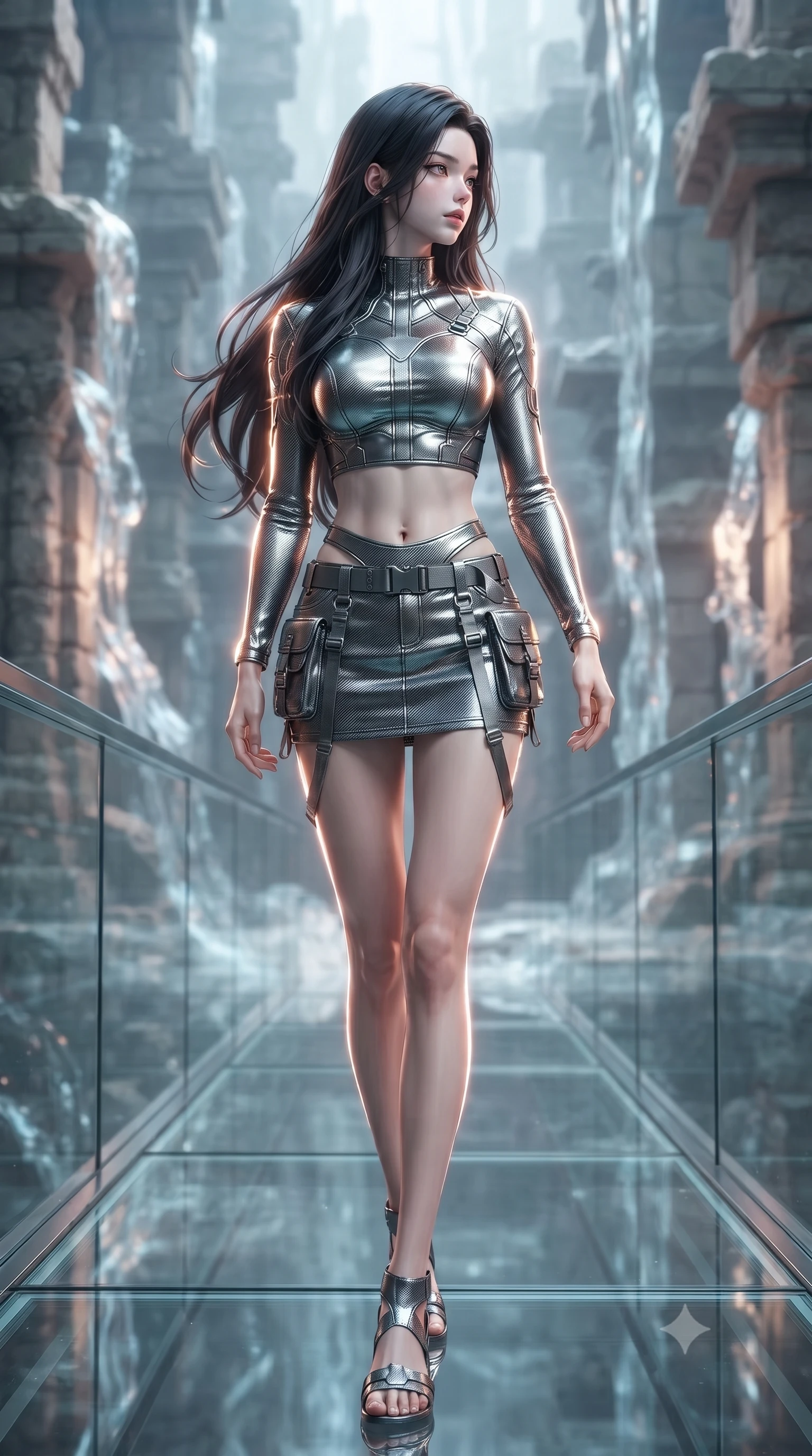 score_9, masterpiece, best quality, ultra-detailed, high-budget anime keyframe, editorial fashion photography, tasteful artistic composition, Korean woman. low angle full-body shot from head to toe showing her feet, filling the entire 9:16 vertical frame with her statuesque presence, stretching her vertical silhouette. walking slowly along a glass skybridge, looking back over her shoulder with an air of effortless grace, the background shows a soft-focus ancient stone ruins built next to a cascade of glowing liquid energy. She has an absolutely perfect, statuesque 8.5-heads proportion, an exceptionally tall and slender model-like female figure with impossibly long slender legs and an ultra-slim waist. sharp v-shaped jawline, high-bridge nose, intricate jewel-like eyes with depth, thick eyelashes, glossy lips with a natural sheen. wearing a body-hugging modern carbon-alloy crop top paired with a low-rise tactical skirt and a subtle waist cut-out. cascades of glowing liquid plasma energy tracing a rim light on her form. ultra-reflective glossy finish, specular highlights, metallic sheen, high-contrast stereoscopic depth, volumetric dynamic lighting, 2k, ultra detail, master piece, 9:16 ratio