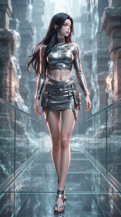 score_9, masterpiece, best quality, ultra-detailed, high-budget anime keyframe, editorial fashion photography, tasteful artistic composition, Korean woman. low angle full-body shot from head to toe showing her feet, filling the entire 9:16 vertical f