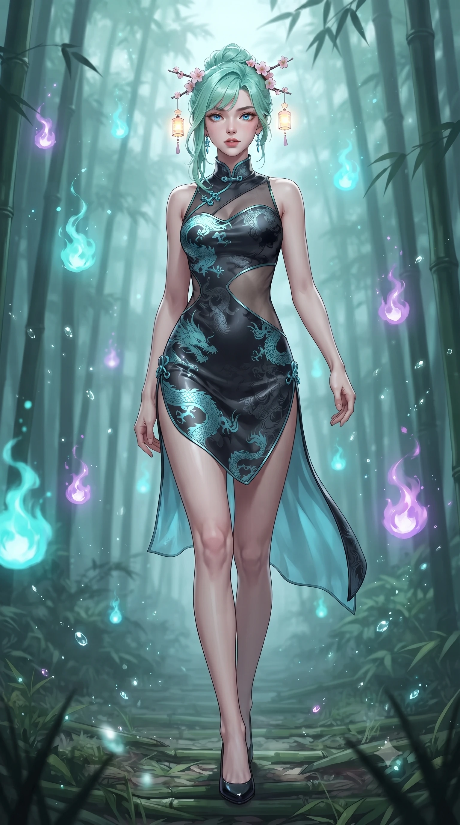 score_9, masterpiece, best quality, ultra-detailed, high-budget anime keyframe, editorial fashion photography, tasteful artistic composition, Japanese woman. low angle full-body shot from head to toe showing her feet, filling the entire 9:16 vertical frame with her statuesque presence, stretching her vertical silhouette. striding forward in a proud, dynamic supermodel runway stride, her statuesque vertical silhouette commanding the entire frame while gliding silently through a dense, mist-veiled bamboo forest illuminated by floating cyan and amethyst will-o'-the-wisp spirit flames. The composition keeps background elements in soft focus with creamy bokeh. sparkling spirit flame embers and floating moisture droplets scattering enchanting light motes. She has an absolutely perfect, statuesque 8.5-heads proportion, an exceptionally tall and slender model-like female figure with impossibly long slender legs, a toned flat midriff, and an ultra-slim waist. sharp v-shaped jawline, high-bridge nose, intricate jewel-like eyes with depth, thick eyelashes, glossy lips with a natural sheen, captivating and magnetic expression, flawlessly proportioned anatomical accuracy, strict slender model proportions, natural body alignment, perfectly sculpted long slender limbs, ultra-slim waistline, clean dynamic posture without body distortion. wearing a dragon-embroidered silk cheongsam modern dress with asymmetrical sheer mesh cutouts and high Mandarin collar in dark ink-wash black and radiant moonlight cyan, made of rich textured jacquard silk with dragon scale weave, accessorized with delicate cherry blossom hairpins and glowing paper lantern charms, the precision-cut daring openings accentuating her delicate midriff, graceful bare collarbones, and ultra-slim feminine waistline. surrounded by an enchanting, mysterious, and captivating oriental spirit sorceress aura. ultra-reflective glossy finish, specular highlights, rich textural contrasts, high-contrast stereoscopic depth, volumetric dynamic lighting, 2k, ultra detail, master piece, 9:16 ratio