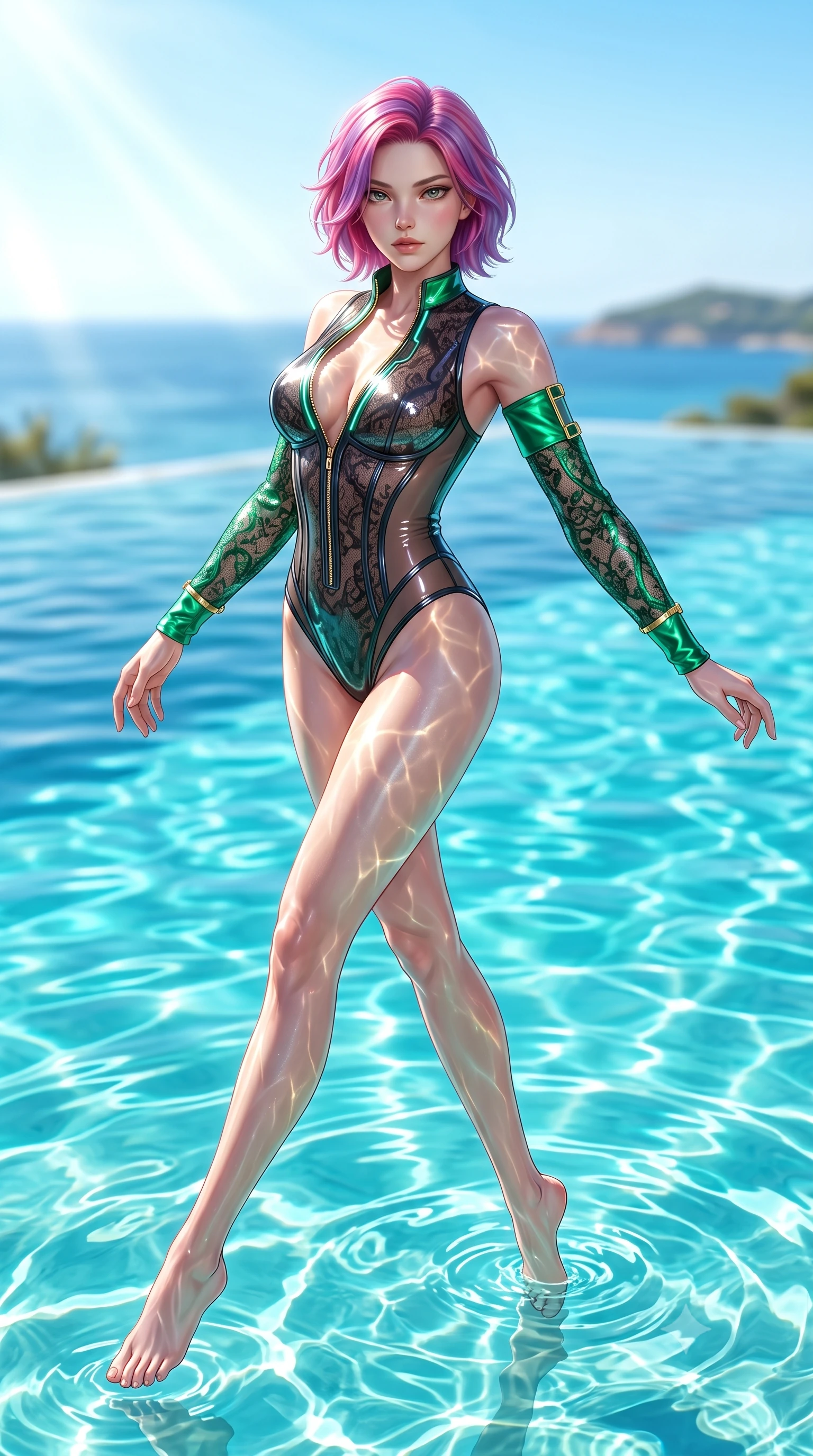 score_9, masterpiece, best quality, ultra-detailed, high-budget anime keyframe, semi-realistic 3D game render, editorial fashion photography, tasteful artistic composition, Caucasian woman. low angle full-body shot from head to toe showing her feet, filling the entire 9:16 vertical frame with her statuesque presence, stretching her vertical silhouette. leaping through mid-air with an athletic yet alluring arch of her spine, her impossibly long slender legs stretched in flawless poise while standing waist-deep in crystal-clear turquoise pool water as radiant midday sunbeams cast dancing caustic reflections across her torso. The composition keeps background elements in soft focus with creamy bokeh. sunlit infinity pool ripples and distant island horizons softened in luminous shallow depth of field. She has an absolutely perfect, statuesque 8.5-heads proportion, an exceptionally tall and slender model-like female figure with impossibly long slender legs, a toned flat midriff, and an ultra-slim waist. sharp v-shaped jawline, high-bridge nose, intricate jewel-like eyes with depth, thick eyelashes, glossy lips with a natural sheen, flawlessly proportioned anatomical accuracy, strict slender model proportions, natural body alignment, perfectly sculpted long slender limbs, ultra-slim waistline, clean dynamic posture without body distortion. wearing a sheer dark lace pattern bodysuit with structured corsetry boning, sheer contouring side panels, and detached lace sleeves in bright emerald green satin and gold hardware, formed from high-gloss patent material with specular light reflections, featuring a dangerously unzipped neckline framed by glowing cybernetic accents, the form-contouring material adhering flawlessly to her sculpted flat midriff and slender torso, emphasizing her long leg lines and perfectly proportioned willowy build. bathed in brilliant Mediterranean sunlight and glittering turquoise pool water caustics. highly saturated vibrant anime colors, detailed shading with soft gradients, rich glossy textures, high-contrast stereoscopic depth, volumetric dynamic lighting, master piece, 9:16 ratio