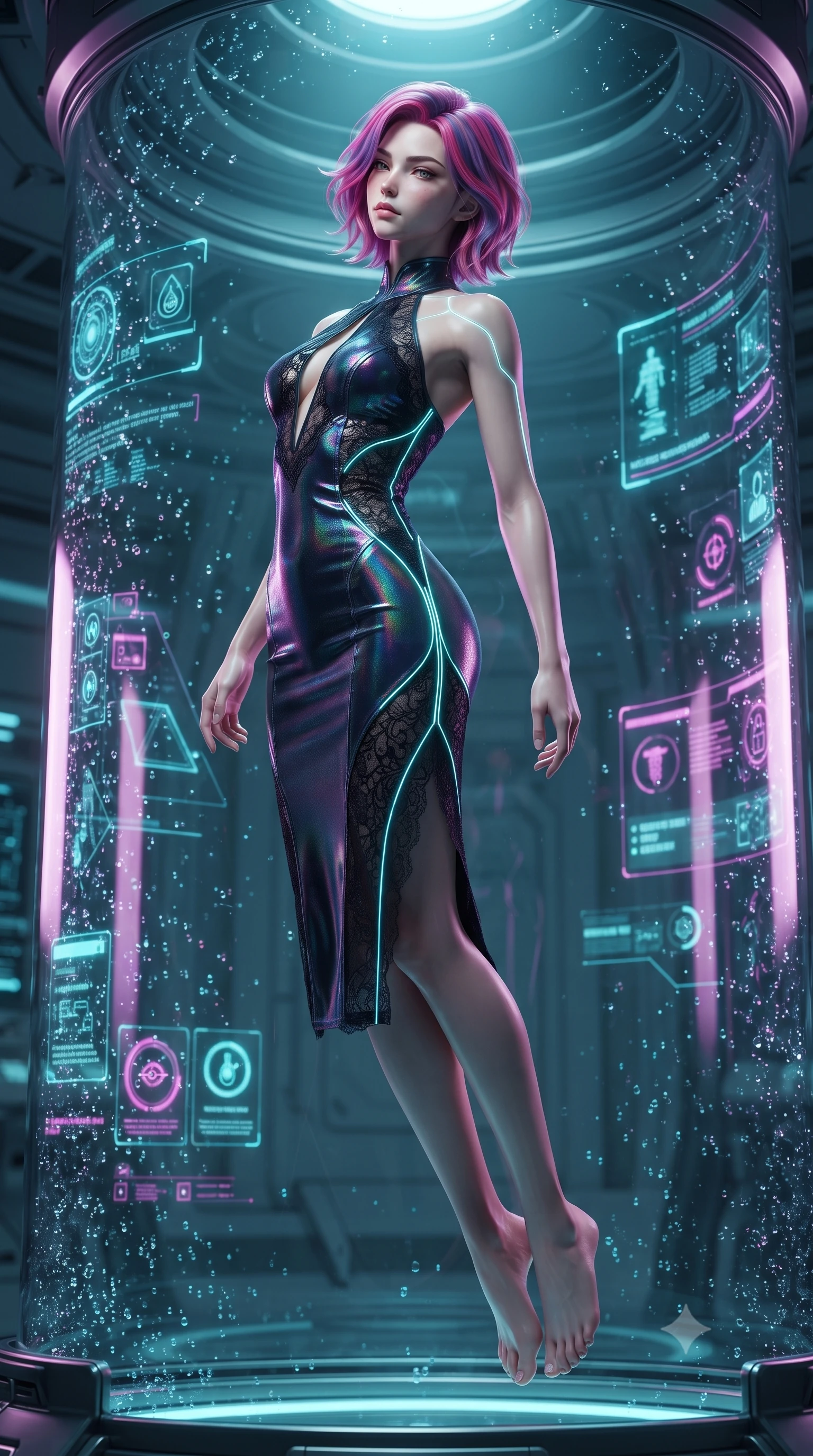 score_9, masterpiece, best quality, ultra-detailed, high-budget anime keyframe, editorial fashion photography, tasteful artistic composition, Caucasian woman. low angle full-body shot from head to toe showing her feet, filling the entire 9:16 vertical frame with her statuesque presence, stretching her vertical silhouette. arching her back in a fluid zero-gravity turn with sovereign grace, her long slender legs and sculpted torso creating a sweeping line while floating in zero-gravity inside a medical stasis cylinder with a serene yet dangerously alluring gaze. The surrounding environment is rendered in vivid detail and crisp panoramic clarity. crisp glass chamber curvature, sparkling nano-fluid droplet textures, and glowing diagnostic glyphs in deep focus. She has an absolutely perfect, statuesque 8.5-heads proportion, an exceptionally tall and slender model-like female figure with impossibly long slender legs and an ultra-slim waist. sharp v-shaped jawline, high-bridge nose, intricate jewel-like eyes with depth, thick eyelashes, glossy lips with a natural sheen, flawlessly proportioned anatomical accuracy, natural body alignment, perfectly sculpted elegant limbs, clean dynamic posture without body distortion. wearing a velvet halter-neck midi dress fitting her statuesque contour flawlessly with a Tasteful chest slit and open spine in translucent smoky quartz and iridescent holographic sheen, crafted from delicate dark lace interwoven with luminescent micro-fibers, accented with glowing fiber-optic seams tracing her collarbones and hip curves, the liquid-tight fabric adhering flawlessly to her sculpted torso and slender silhouette. illuminated by cool cyan diagnostic holograms and crisp specular highlights on glass. ultra-reflective glossy finish, specular highlights, metallic sheen, high-contrast stereoscopic depth, volumetric dynamic lighting, 2k, ultra detail, master piece, 9:16 ratio