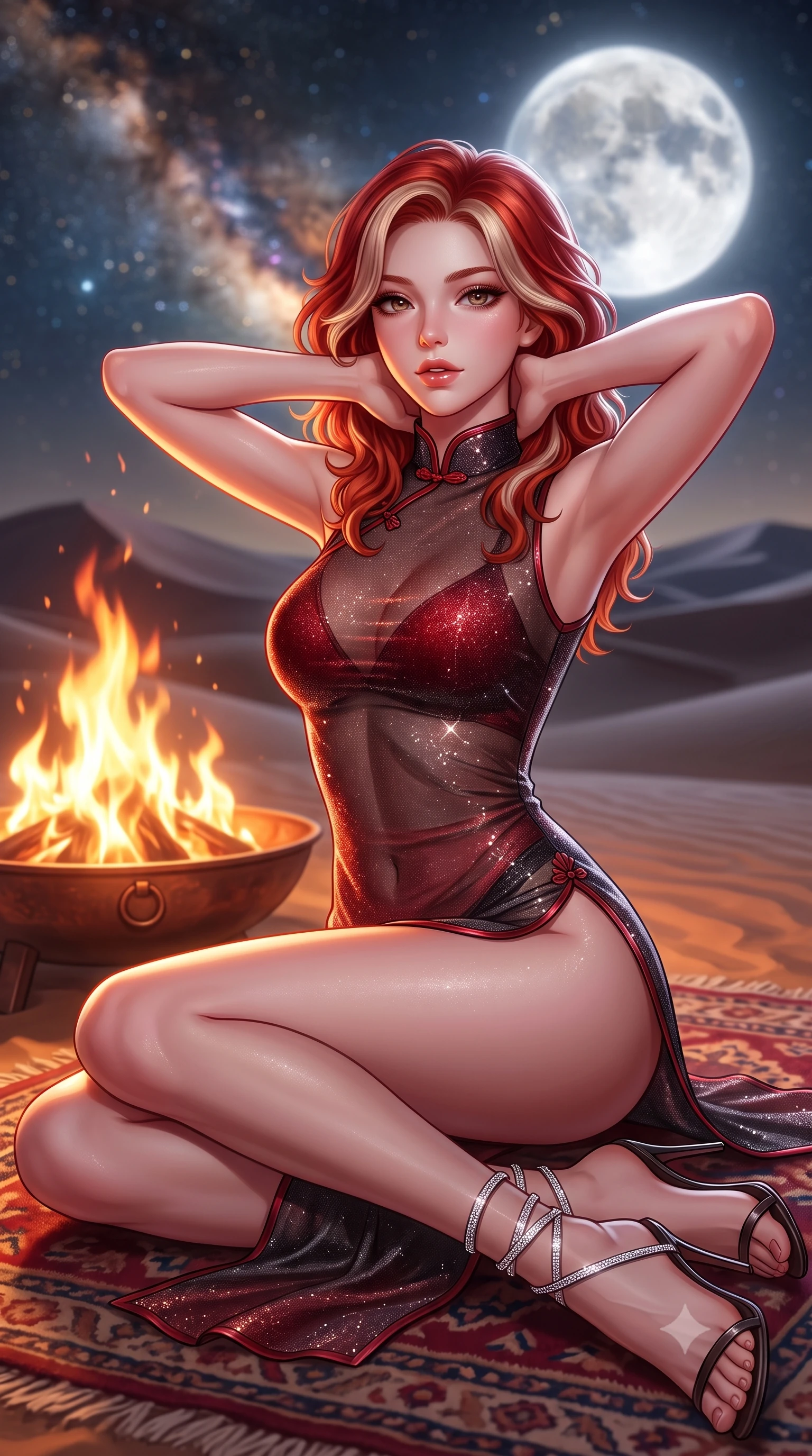 score_9, masterpiece, best quality, ultra-detailed, high-budget anime keyframe, semi-realistic 3D game render, editorial fashion photography, tasteful artistic composition, Caucasian woman. close-up cowboy shot from the waist and thighs up, the character dominates the composition, filling the frame with her large presence. resting both hands lightly behind her neck with elbows raised, arching her spine to highlight her narrow waist, flat midriff, and breathtaking collarbones while sitting cross-legged on the plush kilim rug leaning back on both hands, arching her chest with radiant siren confidence and parted glossy lips. The background shows a soft-focus dancing natural flames from the copper fire pit, vast undulating sand dunes under a giant silver full moon, and Milky Way core blurred into amber, sapphire, and silver bokeh. She has an exceptionally elegant, slender, and willowy female figure with an ultra-slim waist, flat toned midriff, narrow ribcage, and sculpted feminine hips creating an alluring, slim hourglass silhouette without bulk. sharp v-shaped jawline, high-bridge nose, sparkling eyes with hypnotic seductive depth, thick curled eyelashes, glossy parted lips with a natural dewy peach sheen, alluring bedroom-eyes with an enchanting coquettish smile, exuding magnetic siren charisma and sophisticated glamour, flawlessly proportioned anatomical accuracy, strict slender model proportions, natural body alignment, perfectly sculpted long slender limbs, ultra-slim waistline, clean dynamic posture without body distortion. wearing a modern cheongsam-inspired sheer mesh dress with high mandarin collar and daring hip-high double side slits in rich cherry lacquer and smoky charcoal, woven from stretch metallic lurex jersey casting radiant starlight glints across her silhouette, complemented by strappy stiletto sandals with crystal ankle wraps accentuating her slender calves, the form-contouring silhouette accentuating her sculpted flat midriff, narrow delicate ribcage, and gracefully curvy hips with intoxicating allure. bathed in the intense warm amber and crimson flicker of open campfire flames mixed with pure silver moonlight. highly saturated vibrant anime colors, detailed shading with soft gradients, rich glossy textures, high-contrast stereoscopic depth, volumetric dynamic lighting, master piece, 9:16 ratio