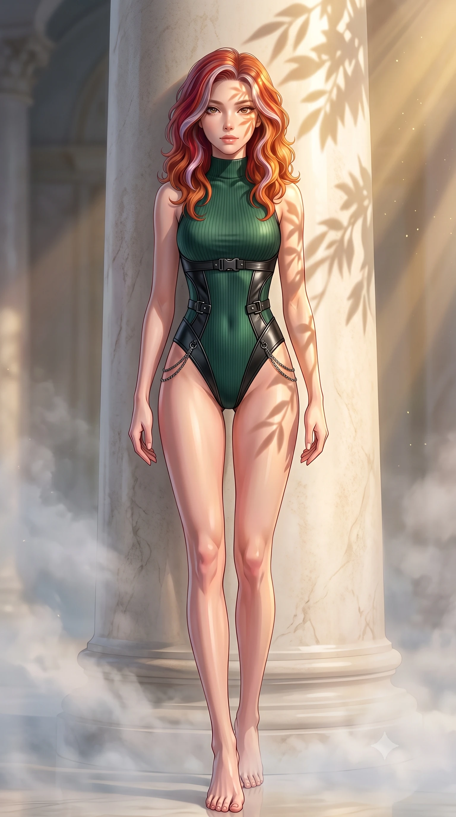 score_9, masterpiece, best quality, ultra-detailed, high-budget anime keyframe, editorial fashion photography, tasteful artistic composition, Caucasian woman. low angle full-body shot from head to toe showing her feet, filling the entire 9:16 vertical frame with her statuesque presence, stretching her vertical silhouette. forging confidently through the floating mist, holding a poised statuesque stance, resting against an alabaster pillar as golden sunlight warm her skin, golden sun rays highlighting her high-bridge nose and jewel-like eyes. She has an absolutely perfect, statuesque 8.5-heads proportion, an exceptionally tall and slender model-like female figure with impossibly long slender legs and an ultra-slim waist. sharp v-shaped jawline, high-bridge nose, intricate jewel-like eyes with depth, thick eyelashes, glossy lips with a natural sheen. wearing sleek high-neck ribbed activewear bodysuit in matte black in deep emerald green, made of polished black leather, framed by dark titanium buckles and silver chain details, contouring every curve with an exceptionally elegant silhouette. lit by golden-hour sunlight casting graceful organic leaf shadows. highly saturated vibrant anime colors, detailed shading with soft gradients, rich glossy textures, high-contrast stereoscopic depth, volumetric dynamic lighting, master piece, 9:16 ratio