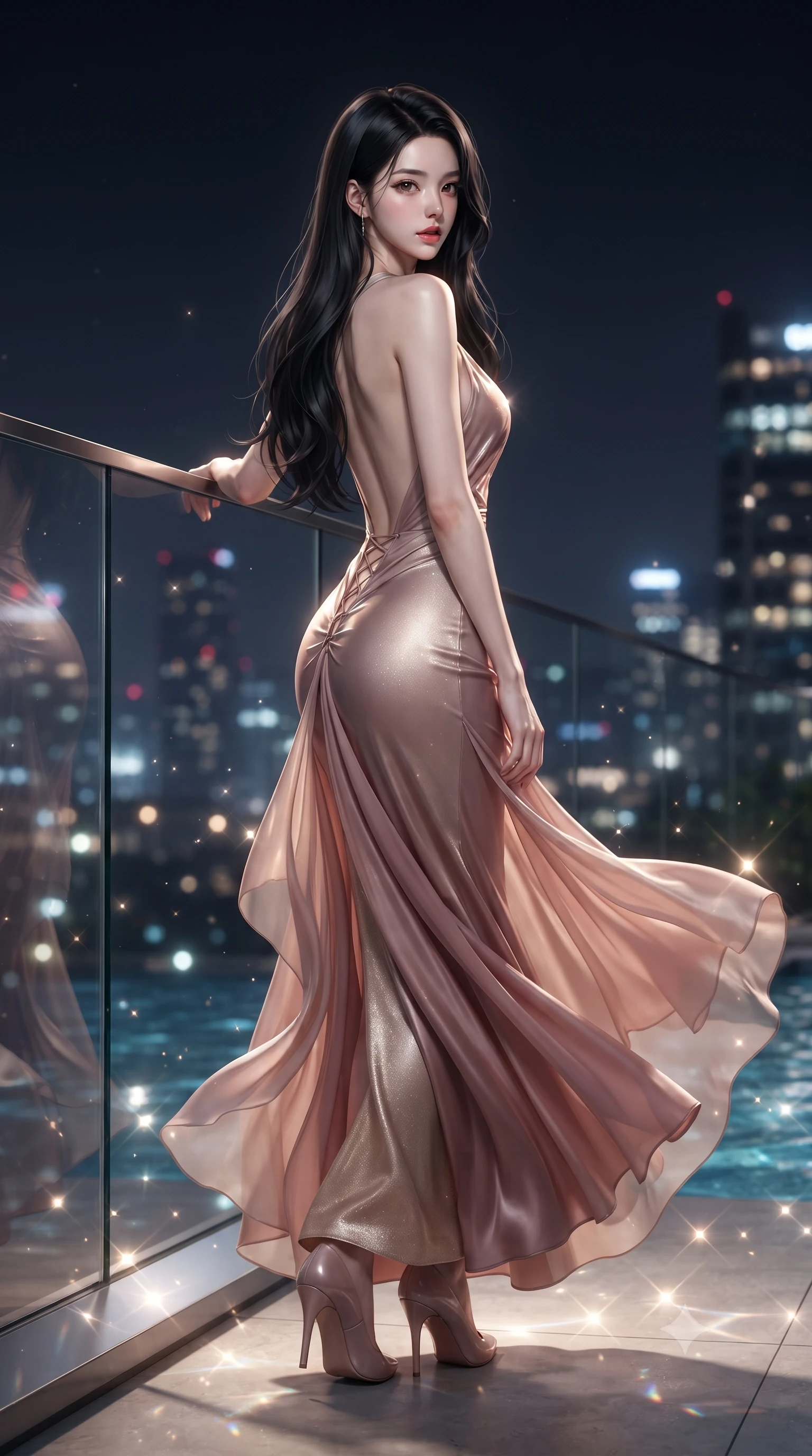 score_9, masterpiece, best quality, ultra-detailed, high-budget anime keyframe, editorial fashion photography, tasteful artistic composition, Korean woman. low angle full-body shot from head to toe showing her feet, filling the entire 9:16 vertical frame with her statuesque presence, stretching her vertical silhouette. executing an elegant mid-motion pivot turn as garments swirl around her slender limbs, glancing over her shoulder with an intoxicating bedroom-gaze while leaning against the seamless glass balcony barrier overlooking a 360-degree glittering city skyline, hips cocked back in a seductive S-curve as she looks over her shoulder. The composition keeps background elements in soft focus with creamy bokeh. shimmering pool caustics and city light reflections scattering radiant light motes across the deck. She has an absolutely perfect, statuesque 8.5-heads proportion, an exceptionally tall and slender model-like female figure with impossibly long slender legs, a toned flat midriff, an ultra-slim waist, and beautifully sculpted feminine hips. sharp v-shaped jawline, high-bridge nose, intricate jewel-like eyes with depth, thick eyelashes, glossy parted lips with a natural sheen, intensely captivating and seductive bedroom-eyes expression, flawlessly proportioned anatomical accuracy, strict slender model proportions, natural body alignment, perfectly sculpted long slender limbs, ultra-slim waistline, clean dynamic posture without body distortion. wearing a liquid silk jersey evening gown with an ultra-deep plunging open back descending to the base of her spine and a sculpted hip-hugging skirt in dusky blush rose and champagne shimmer, woven from layered gossamer chiffon with a weightless sweeping drape, featuring an open-back criss-cross satin lacing highlighting her graceful shoulder blades, the precision-cut side openings and low-back scoop framing her graceful spine and the sensual sweep of her hips. illuminated by crisp directional edge lights sharply sculpting her slender waist and curvy feminine hips. ultra-reflective glossy finish, specular highlights, rich textural contrasts, high-contrast stereoscopic depth, volumetric dynamic lighting, 2k, ultra detail, master piece, 9:16 ratio