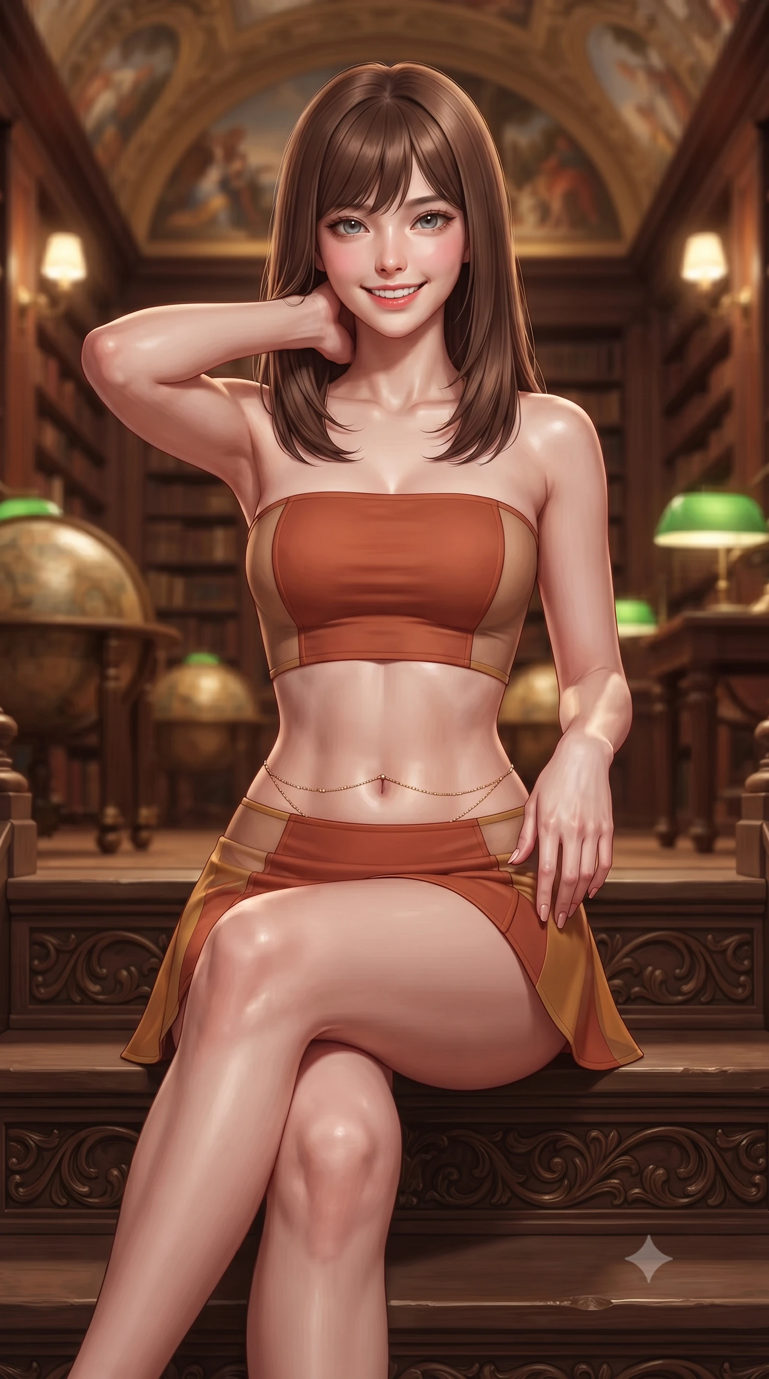 score_9, masterpiece, best quality, ultra-detailed, high-budget anime keyframe, editorial fashion photography, tasteful artistic composition, Korean woman. close-up cowboy shot from the waist and thighs up, the character dominates the composition, filling the frame with her large presence. resting both hands lightly behind her neck with elbows raised, arching her spine to highlight her narrow waist, flat midriff, and breathtaking collarbones while sitting poised on the carved library steps with legs crossed, running one manicured hand slowly down her hip with magnetic charm. The background shows a soft-focus infinite tiers of gold-tooled leather book spines, monumental gilded globes, and painted Baroque sky vaults blurred into amber, cream, and mahogany bokeh. She has an exceptionally elegant, slender, and willowy female figure with an ultra-slim waist, flat toned midriff, narrow ribcage, and sculpted feminine hips creating an alluring, slim hourglass silhouette without bulk. sharp v-shaped jawline, high-bridge nose, intricate jewel-like sparkling eyes with depth, thick eyelashes, glossy parted lips with a natural peach sheen, bright cheerful beaming smile with an enchanting and coquettish sensual glint, exuding both youthful cute charm and seductive allure, flawlessly proportioned anatomical accuracy, strict slender model proportions, natural body alignment, perfectly sculpted long slender limbs, ultra-slim waistline, clean dynamic posture without body distortion. wearing an ultra-cropped fitted bandeau top paired with a micro mini tennis skirt revealing her flat toned midriff in Florentine Renaissance Medici terracotta and warm gilded ochre, featuring strategic sheer-illusion tulle side panels framing her ribcage and hips, accented with a dainty gold belly chain resting across her flat midriff and curving hips, the form-contouring silhouette accentuating her sculpted flat midriff, narrow delicate ribcage, and gracefully curvy hips with intoxicating allure. bathed in the warm, cozy 2400K illumination of green banker lamps and brass wall sconces dimmed to an intimate evening study glow. ultra-reflective glossy finish, specular highlights, rich textural contrasts, high-contrast stereoscopic depth, volumetric dynamic lighting, 2k, ultra detail, master piece, 9:16 ratio
