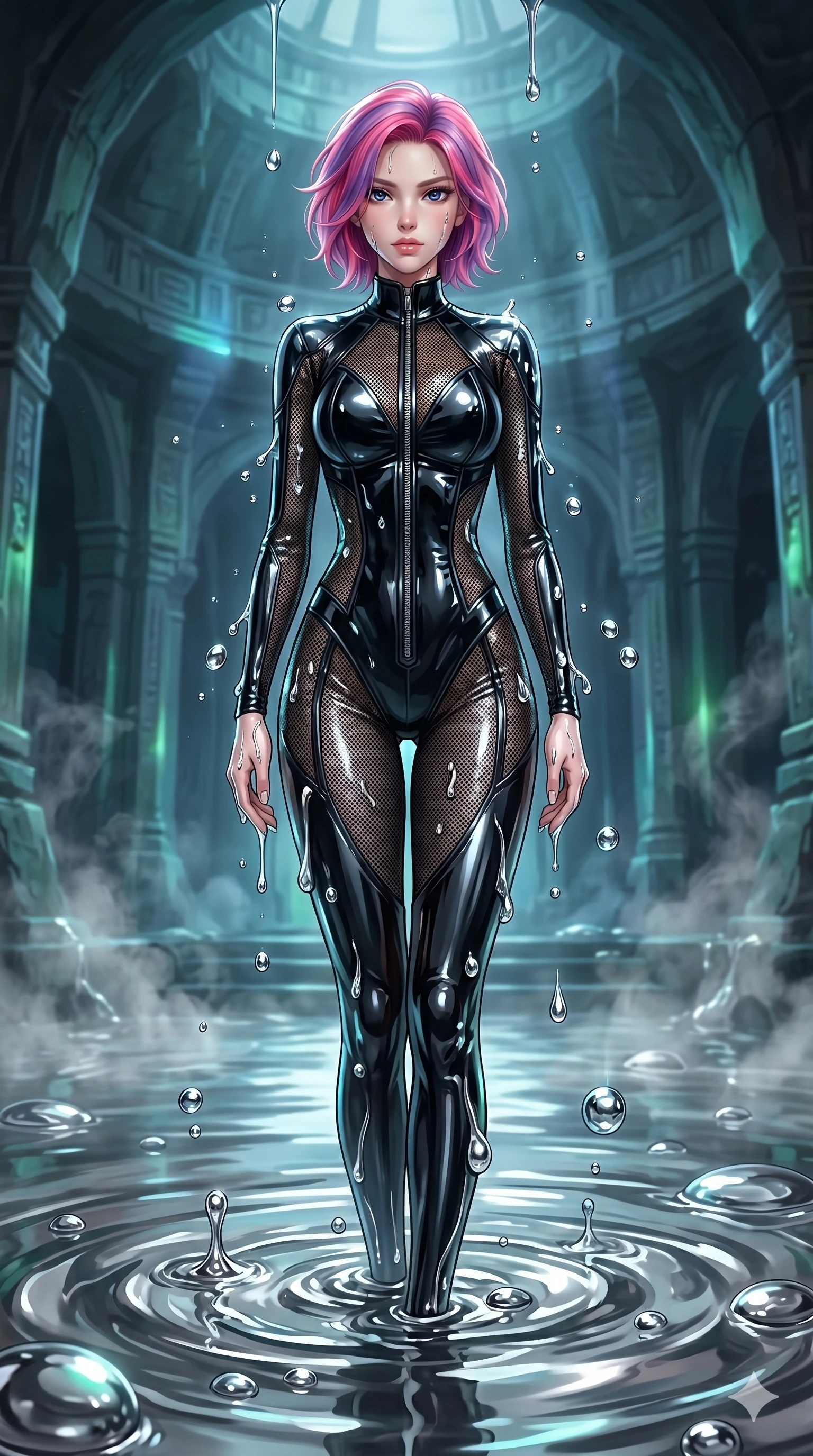 score_9, masterpiece, best quality, ultra-detailed, High-budget Anime Keyframe, East Asian woman. Dynamic full-body shot stretching the vertical silhouette to the limit. Scenario 214: Rising from a pool of mercury-like liquid, droplets rolling off her skin. Her presence is magnetic and overpowering in this high-budget anime scene. Outfit 214: A patent leather micro-mesh with a unzipped detail and wet-look texture. The clothing is designed to emphasize her exceptionally tall and slender 8-heads proportion. 8-heads proportion, towering silhouette, ultra-slim waist. sharp v-shaped jawline, intricate jewel-like eyes with depth, thick eyelashes, glossy lips. 2k, ultra detail, master piece, 9:16 ratio