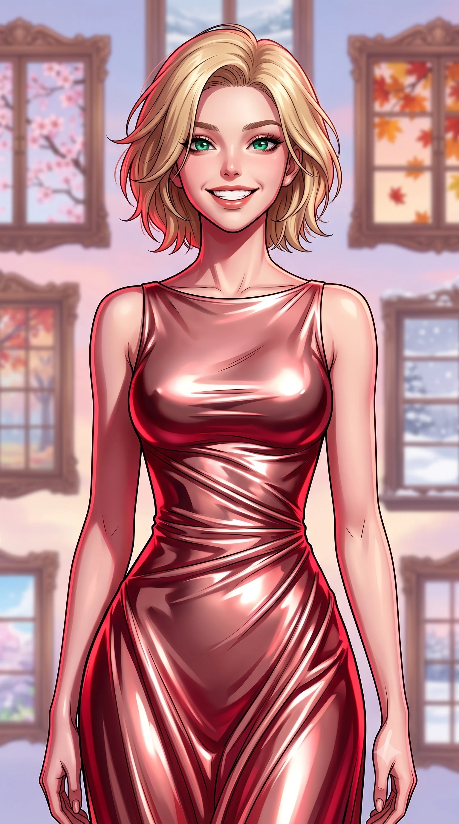 score_9, masterpiece, best quality, ultra-detailed, high-budget anime keyframe, editorial fashion photography, tasteful artistic composition, gorgeous anime illustration, with clean line-art, distinct ink outlines, and high-contrast stereoscopic depth, Caucasian woman, strictly human ears. close-up cowboy shot from the waist and thighs up, the character dominates the composition, filling the frame with her large presence, background elements kept in soft focus. Beaming with a wide, friendly smile that lights up her entire face. set against a soft-focus background of a gallery of ornate wooden window frames floating in a pastel dawn sky, each window opening to a view of a different season or landscape. She has an exceptionally elegant, slender, and willowy female figure with a highly-defined ultra-slim waist, a gracefully sculpted slender torso, and a refined slim-fit silhouette that contours her form. sharp v-shaped jawline, high-bridge nose, intricate jewel-like eyes with depth, thick eyelashes, glossy lips with a natural sheen. wearing a liquid metallic rose gold evening gown with a high boat neckline, flowing like liquid metal along her statuesque slender frame. deep crimson theatrical lighting with sharp specular highlights on every curve. 2k, ultra detail, master piece, 9:16 ratio, highly saturated vibrant anime colors, detailed cel-shading with soft gradients, rich glossy textures, deep contrast, volumetric dynamic lighting, 2d animation style