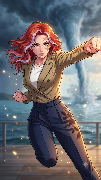 score_9, masterpiece, best quality, ultra-detailed, high-budget anime keyframe, clean line-art, cel-shading, Caucasian woman, strictly human ears. close-up cowboy shot from the waist and thighs up, the character dominates the composition, filling the