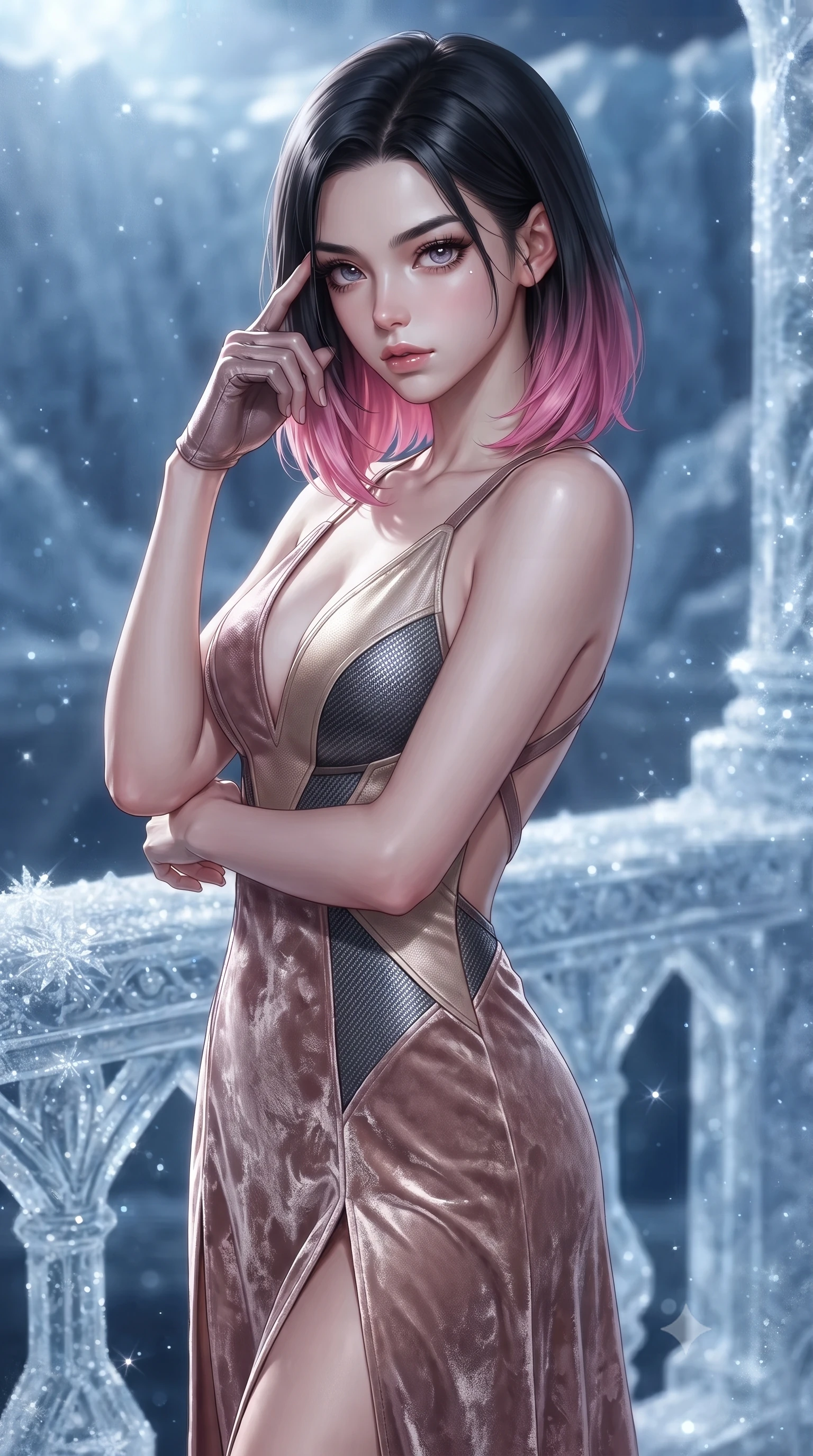score_9, masterpiece, best quality, ultra-detailed, high-budget anime keyframe, editorial fashion photography, tasteful artistic composition, Korean woman. close-up cowboy shot from the waist and thighs up, the character dominates the composition, filling the frame with her large presence, background elements kept in soft focus. Pressing two fingers to her temple in a composed thoughtful gesture with an air of magnetic charisma poised on a frost-carved terrace overlooking a vast glittering glacier at midnight, glistening frost crystals on architecture scattering silver and sapphire light. She has an exceptionally elegant, slender, and willowy female figure with an ultra-slim waist, a gracefully sculpted slender torso, and a refined silhouette. sharp v-shaped jawline, high-bridge nose, intricate jewel-like eyes with depth, thick eyelashes, glossy lips with a natural sheen. wearing a backless crushed velvet gown with a deep V-neckline and high thigh slit in dusty rose and champagne gold, made of fine carbon-fiber weave and soft matte leather, complemented by criss-cross back straps highlighting her bare shoulders, the glove-like fit emphasizing her statuesque silhouette. bathed in brilliant cold silver moonlight and crisp sapphire ambient glow. ultra-reflective glossy finish, specular highlights, metallic sheen, high-contrast stereoscopic depth, volumetric dynamic lighting, 2k, ultra detail, master piece, 9:16 ratio