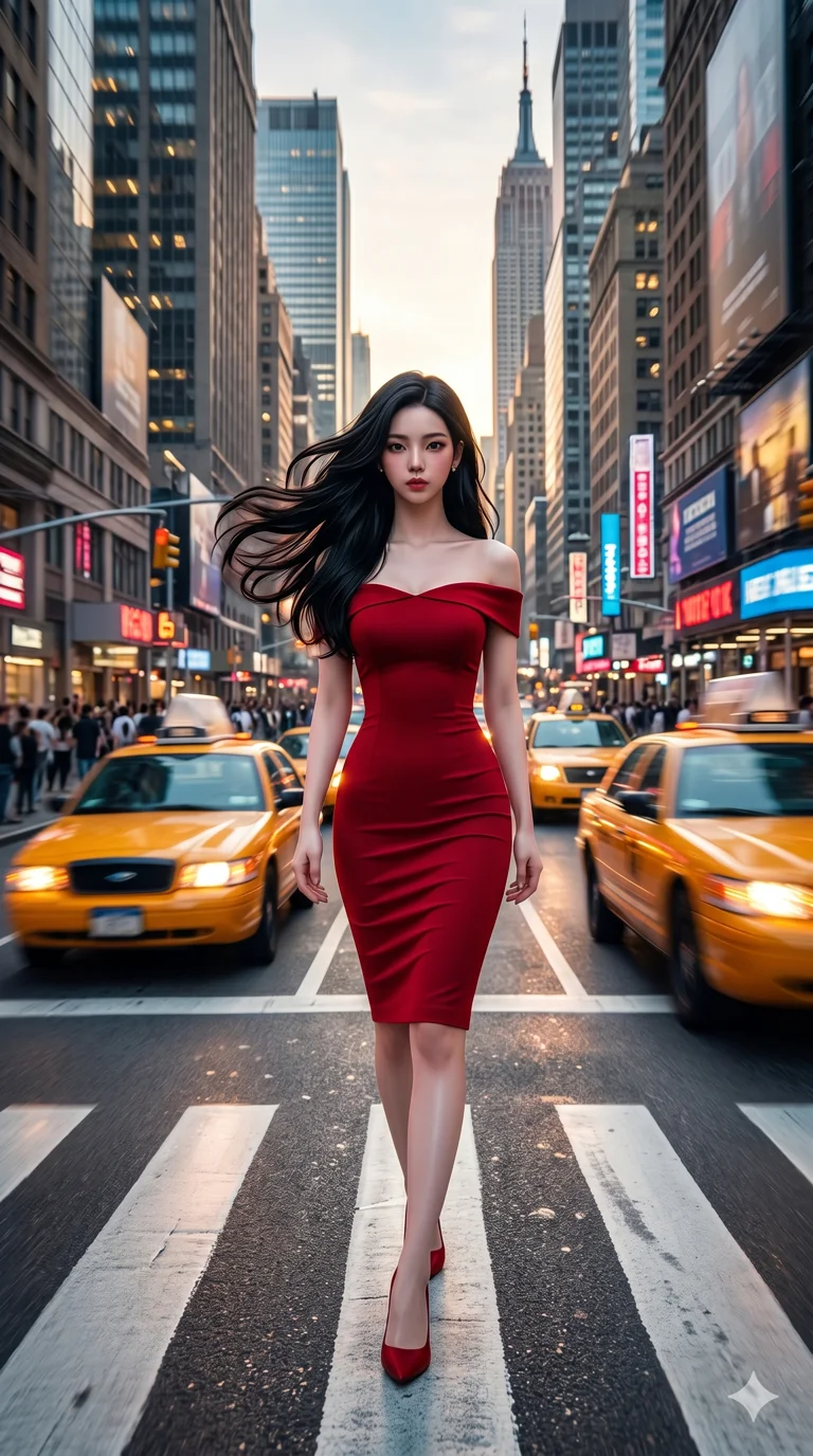 score_9, score_8_up, score_7_up, source_anime, masterpiece, best quality, ultra-detailed, same character with long flowing black hair, wearing a red off-the-shoulder bodycon dress, full body shot walking across a zebra crossing in a busy downtown area, yellow taxis passing by, cinematic motion blur, 2k, 9:16 ratio