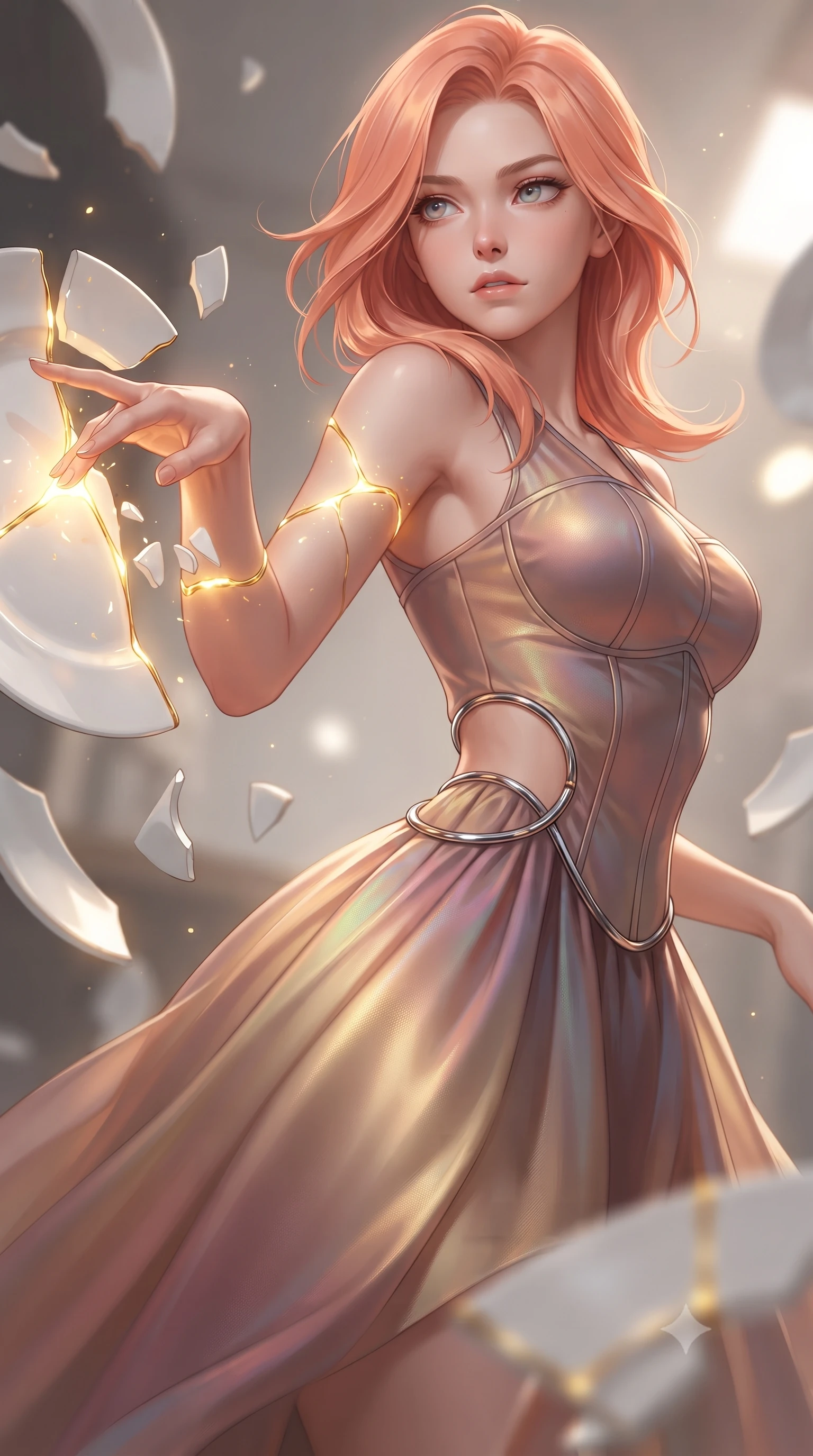 score_9, masterpiece, best quality, ultra-detailed, high-budget anime keyframe, editorial fashion photography, tasteful artistic composition, Japanese woman. close-up cowboy shot from the waist and thighs up, the character dominates the composition, filling the frame with her large presence, background elements kept in soft focus. Gazing past the lens with composed intensity as her torso curves dynamically in mid-motion while reaching her arm forward to touch a glowing gold kintsugi seam uniting broken ceramic plates, luminous gold kintsugi seams glowing with intense golden inner radiance. She has an exceptionally elegant, slender, and willowy female figure with an ultra-slim waist, a gracefully sculpted slender torso, and a refined silhouette. sharp v-shaped jawline, high-bridge nose, intricate jewel-like eyes with depth, thick eyelashes, glossy lips with a natural sheen, flawlessly proportioned anatomical accuracy, natural body alignment, perfectly sculpted elegant limbs, clean dynamic posture without body distortion. wearing a modern fusion silk hanbok dress with a structured bodice and flowing skirt in dusty rose and champagne gold, crafted from iridescent chiffon that shifts colors in the light, accented with delicate chrome ring hardware framing her waist, the form-contouring material highlighting her ultra-slim waist and long lines. surrounded by a majestic inner radiance highlighting glossy white porcelain. ultra-reflective glossy finish, specular highlights, metallic sheen, high-contrast stereoscopic depth, volumetric dynamic lighting, 2k, ultra detail, master piece, 9:16 ratio