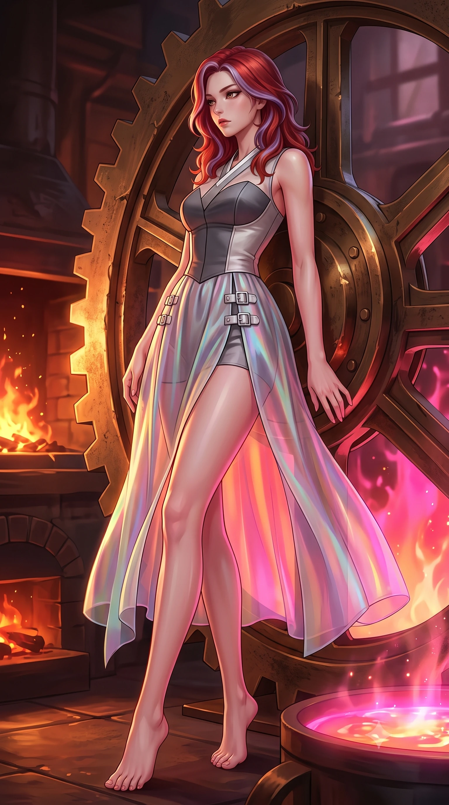 score_9, masterpiece, best quality, ultra-detailed, high-budget anime keyframe, editorial fashion photography, tasteful artistic composition, Caucasian woman. low angle full-body shot from head to toe showing her feet, filling the entire 9:16 vertical frame with her statuesque presence, stretching her vertical silhouette. navigating the luminous space with effortless poise, displaying her perfect model proportions resting against a giant bronze gear as warm furnace embers glow nearby, boiling liquid aurora energy radiating intense hot pink and orange light. She has an absolutely perfect, statuesque 8.5-heads proportion, an exceptionally tall and slender model-like female figure with impossibly long slender legs and an ultra-slim waist. sharp v-shaped jawline, high-bridge nose, intricate jewel-like eyes with depth, thick eyelashes, glossy lips with a natural sheen. wearing a modern fusion silk hanbok dress with a structured bodice in charcoal grey and platinum, crafted from iridescent chiffon that shifts colors in the light, detailed with polished silver buckles along the waistline, the sleek second-skin texture accentuating her magnetic presence. surrounded by a warm, powerful industrial fantasy atmosphere. highly saturated vibrant anime colors, detailed shading with soft gradients, rich glossy textures, high-contrast stereoscopic depth, volumetric dynamic lighting, master piece, 9:16 ratio