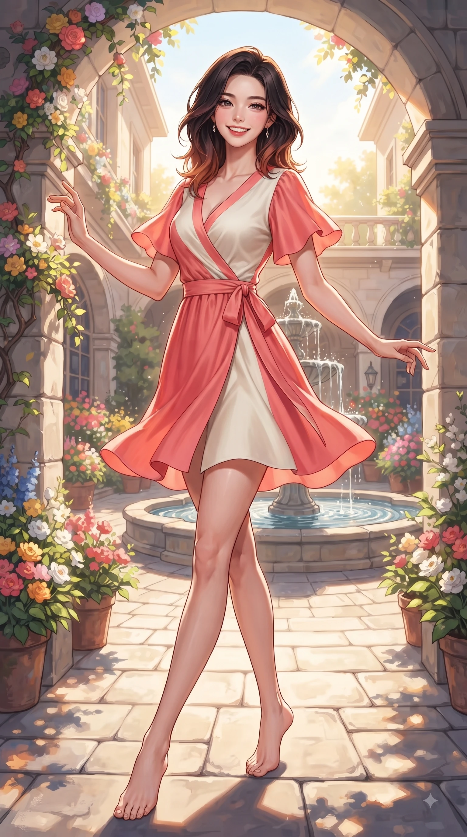 score_9, masterpiece, best quality, ultra-detailed, high-budget anime keyframe, editorial fashion photography, tasteful artistic composition, Korean woman. low angle full-body shot from head to toe showing her feet, filling the entire 9:16 vertical frame with her statuesque presence, stretching her vertical silhouette. pivoting dynamically with a fresh infectious smile, her ultra-slim waist creating a sweeping fluid curve while resting near a flower-draped stone archway with a radiant beaming smile. The surrounding environment is rendered in vivid detail and crisp panoramic clarity. vibrant flower displays, fountain water ripples, and crisp architectural shadows in high clarity. She has an absolutely perfect, statuesque 8.5-heads proportion, an exceptionally tall and slender model-like female figure with impossibly long slender legs and an ultra-slim waist. sharp v-shaped jawline, high-bridge nose, intricate jewel-like eyes with depth, thick eyelashes, glossy lips with a natural sheen, flawlessly proportioned anatomical accuracy, natural body alignment, perfectly sculpted elegant limbs, clean dynamic posture without body distortion. wearing an elegant V-neck silk wrap dress with fluttery short sleeves and a cinched waist in vibrant coral pink and pure ivory, knitted from soft cozy cashmere yarn, accented with a Tasteful chest slit framing her clavicle gracefully, the glove-like fit emphasizing her statuesque silhouette during motion. bathed in bright sunny morning light and warm golden sunbursts. ultra-reflective glossy finish, specular highlights, metallic sheen, high-contrast stereoscopic depth, volumetric dynamic lighting, 2k, ultra detail, master piece, 9:16 ratio
