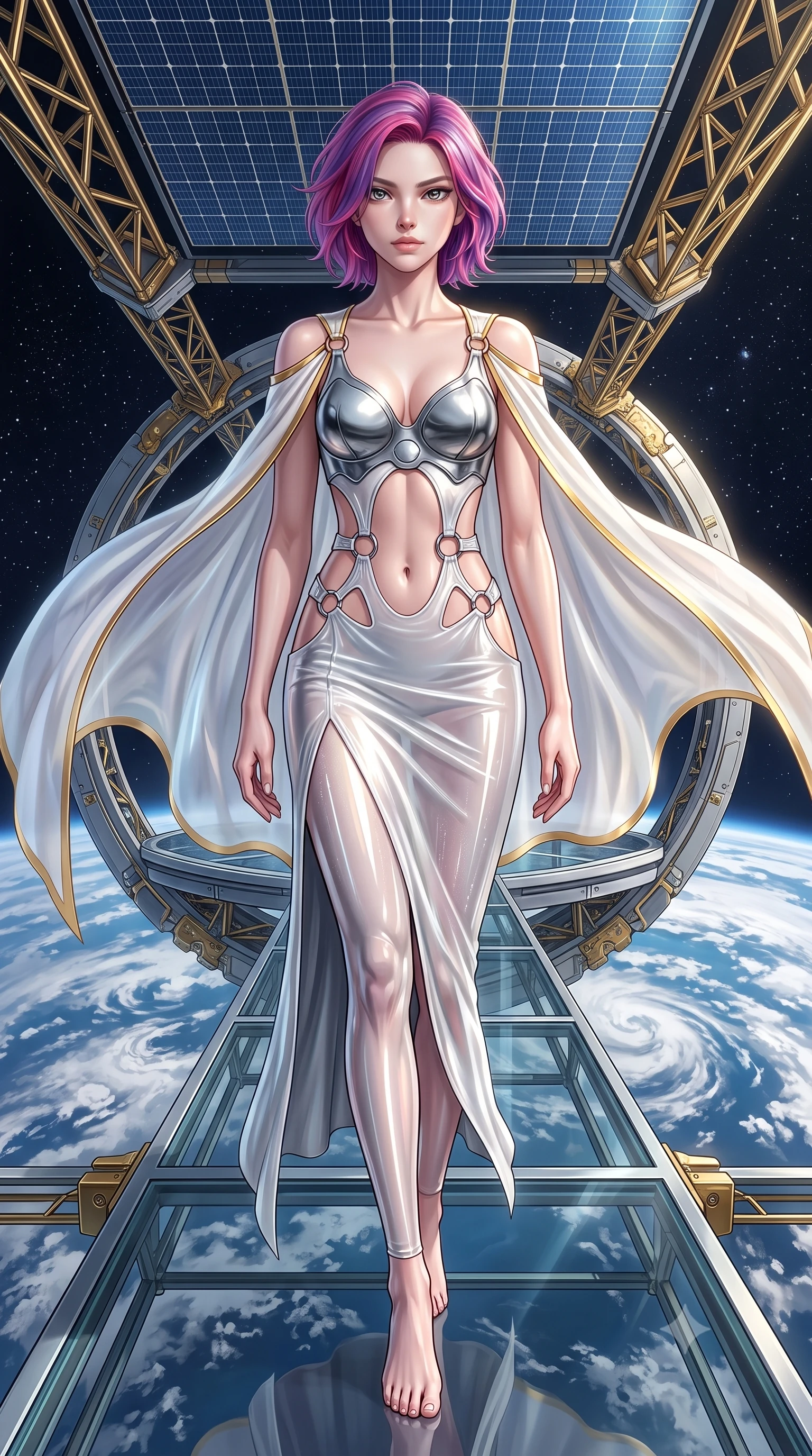 score_9, masterpiece, best quality, ultra-detailed, high-budget anime keyframe, editorial fashion photography, tasteful artistic composition, Caucasian woman. low angle full-body shot from head to toe showing her feet, filling the entire 9:16 vertical frame with her statuesque presence, stretching her vertical silhouette. striding forward with commanding supermodel grace, her 8.5-heads statuesque silhouette dominating the vertical frame from head to toe while stepping along a floating glass catwalk extending into open space under brilliant orbital sunlight. The surrounding environment is rendered in vivid detail and crisp panoramic clarity. sharp solar panel grid cell textures, gold-plated titanium truss joints, and earth cloud patterns in deep focus. She has an absolutely perfect, statuesque 8.5-heads proportion, an exceptionally tall and slender model-like female figure with impossibly long slender legs, a toned flat midriff, and an ultra-slim waist. sharp v-shaped jawline, high-bridge nose, intricate jewel-like eyes with depth, thick eyelashes, glossy lips with a natural sheen, flawlessly proportioned anatomical accuracy, strict slender model proportions, natural body alignment, perfectly sculpted long slender limbs, ultra-slim waistline, clean dynamic posture without body distortion. wearing a form-contouring white liquid-mercury gown with polished silver biomechanical breastplate and flowing luminescent chiffon cape in pristine liquid pearl white and radiant solar gold trim, tailored from semi-translucent cybernetic vinyl with glowing micro-filaments, detailed with polished silver rings connecting the daring side-waist cutouts, the precision-cut daring openings accentuating her delicate midriff, graceful bare collarbones, and ultra-slim feminine waistline. illuminated by crisp gold specular highlights sharply defining her ultra-slim waist, long legs, and flat midriff. ultra-reflective glossy finish, specular highlights, dark metallic sheen, high-contrast stereoscopic depth, volumetric dynamic lighting, 2k, ultra detail, master piece, 9:16 ratio
