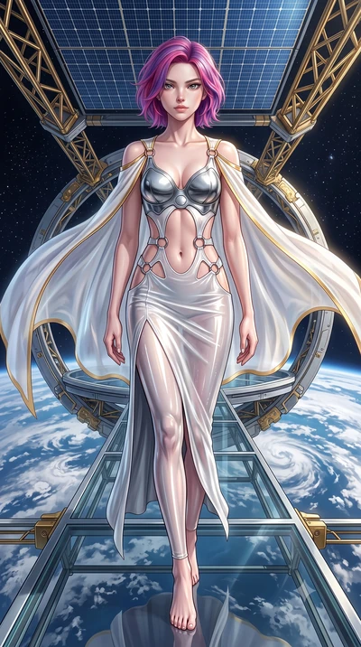 score_9, masterpiece, best quality, ultra-detailed, high-budget anime keyframe, editorial fashion photography, tasteful artistic composition, Caucasian woman. low angle full-body shot from head to toe showing her feet, filling the entire 9:16 vertica
