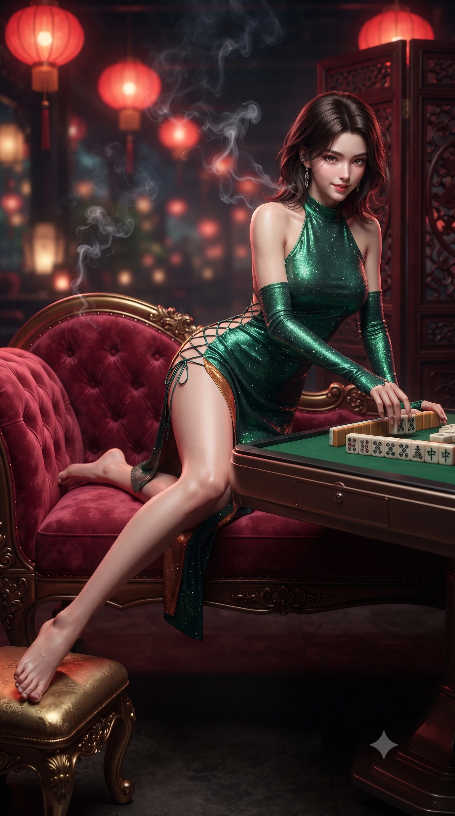 score_9, masterpiece, best quality, ultra-detailed, high-budget anime keyframe, editorial fashion photography, tasteful artistic composition, Korean woman. low angle full-body shot from head to toe showing her feet, filling the entire 9:16 vertical frame with her statuesque presence, stretching her vertical silhouette. reclining gracefully across the plush chaise lounge with one leg extended, her sculpted silhouette and flat midriff radiating magnetic nocturnal glamour while leaning forward over the green felt tabletop with hips cocked back, arranging carved ivory tiles with smoldering bedroom-eyes. The background shows a soft-focus glowing hanging red silk lanterns, curling cigar smoke, and carved rosewood room partitions blurred into crimson, amber, and charcoal bokeh. She has an absolutely perfect, statuesque 8.5-heads proportion, an exceptionally tall and slender model-like female figure with impossibly long slender legs, an ultra-slim waist, a flat toned midriff, narrow delicate ribcage, and beautifully sculpted feminine hips creating a graceful, slim hourglass silhouette without any bulky heaviness. sharp v-shaped jawline, high-bridge nose, sparkling eyes with hypnotic seductive depth, thick curled eyelashes, glossy parted lips with a natural dewy peach sheen, alluring bedroom-eyes with an enchanting coquettish smile, exuding magnetic siren charisma and sophisticated glamour, flawlessly proportioned anatomical accuracy, strict slender model proportions, natural body alignment, perfectly sculpted long slender limbs, ultra-slim waistline, clean dynamic posture without body distortion. wearing a slinky backless halterneck column mini dress in shimmering liquid emerald satin with deep side leg slits in warm amber honey and antique terracotta with gilded bronze, woven from stretch metallic lurex jersey casting radiant starlight glints across her silhouette, featuring fine criss-cross lace-up side ties revealing tantalizing glimpses of her hip curve, the glove-like clinging cut tightly following the natural contour of her hips and long slender legs with youthful 8.5-heads elegance. illuminated by polished table bounce and sharp deep-red rim lights sculpting her jawline, flat midriff, and curvy hips. ultra-reflective glossy finish, specular highlights, rich textural contrasts, high-contrast stereoscopic depth, volumetric dynamic lighting, 2k, ultra detail, master piece, 9:16 ratio