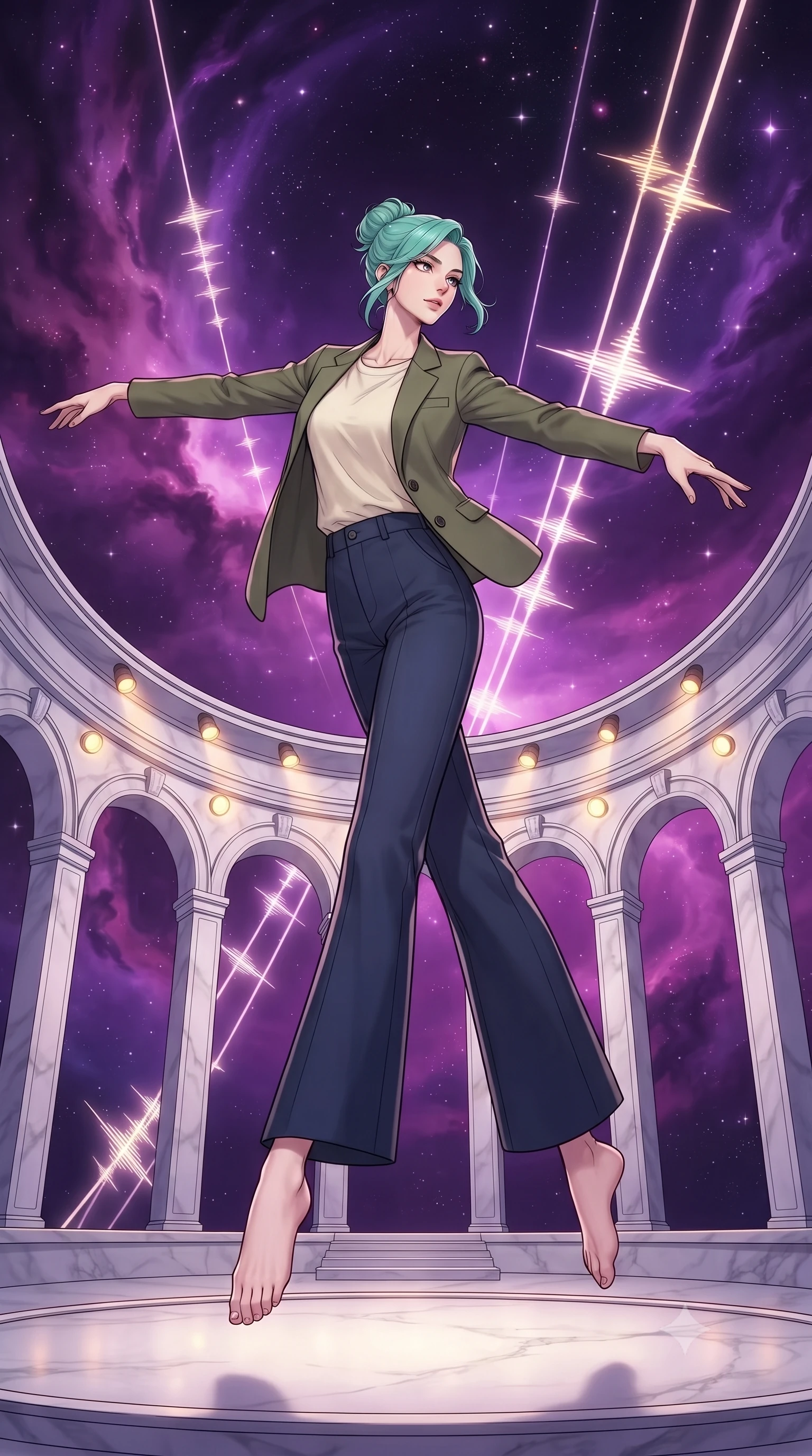 score_9, masterpiece, best quality, ultra-detailed, high-budget anime keyframe, gorgeous anime illustration, with clean line-art and distinct ink outlines, Japanese woman. low angle full-body shot from head to toe showing her feet, filling the entire 9:16 vertical frame with her statuesque presence, stretching her vertical silhouette. pirouetting mid-air inside a semicircular theater carved from white marble floating in a purple nebula, with giant strings of light stretching from the stage to the stars, vibrating with visual sound waves. She has a statuesque 8.5-heads proportion, an exceptionally tall, slender and willowy model-like build with impossibly long legs and a highly sculpted ultra-slim waist. sharp v-shaped jawline, high-bridge nose, intricate jewel-like eyes with depth, thick eyelashes, glossy lips with a natural sheen. wearing a tailored olive green blazer over a cream cotton tee and dark blue wide-leg trousers. soft purple-magenta ambient lighting with theatrical spotlights of gold tracing the marble arches. 2k, ultra detail, master piece, 9:16 ratio, vibrant anime color palette, detailed cel-shading with soft gradients, rich contrast, dynamic lighting, 2d animation style