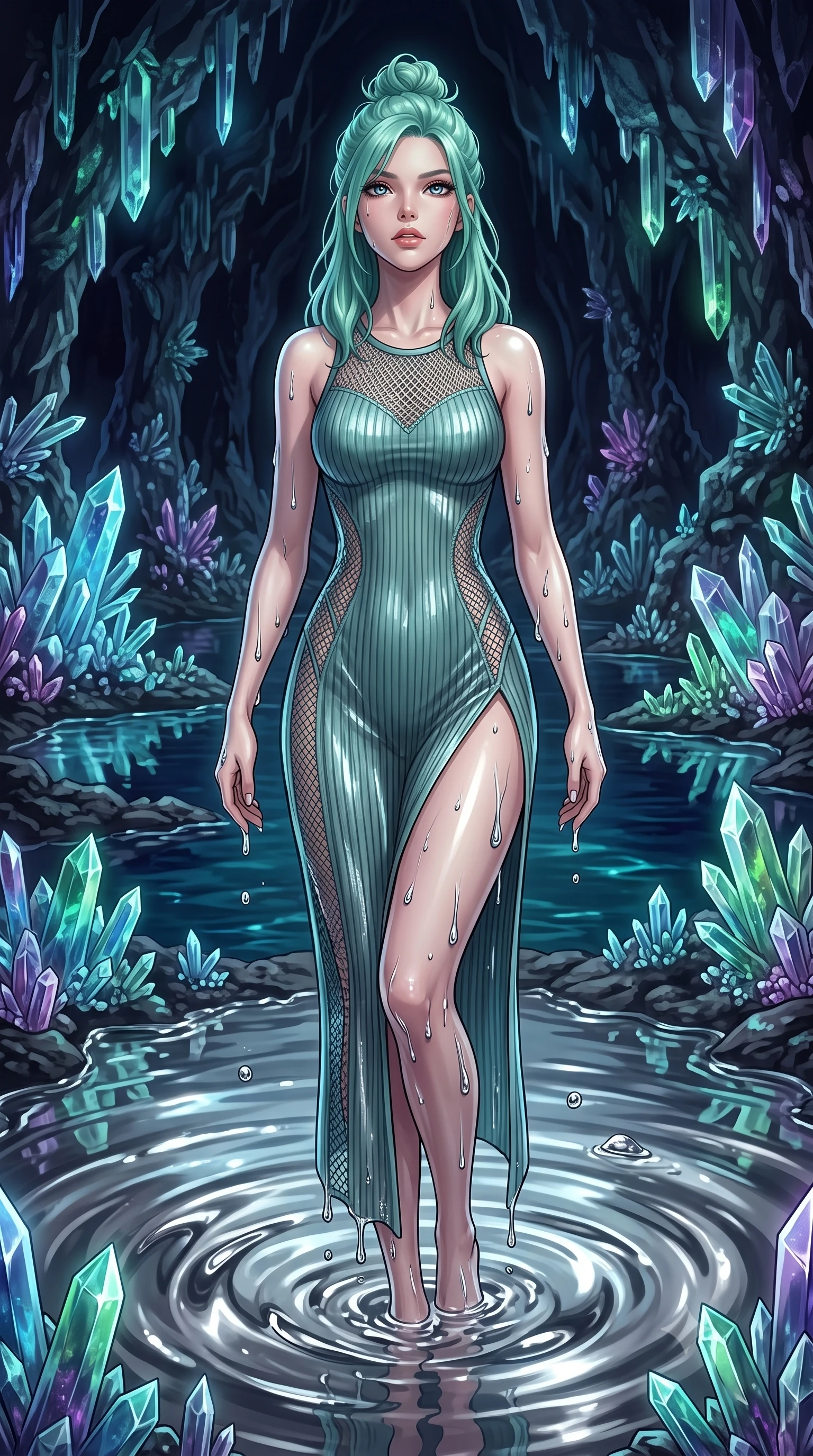 score_9, masterpiece, best quality, ultra-detailed, High-budget Anime Keyframe, East Asian woman. Dynamic full-body shot stretching the vertical silhouette to the limit. Scenario 330: rising from a pool of mercury-like liquid, droplets rolling off her skin, in an underground cave lined with glowing quartz crystals and deep pools. Her presence is magnetic and overpowering in this high-budget anime scene. Outfit 330: a slim-fit ribbed bodycon knit mesh with a thigh-high slit and wet-look texture. The clothing is designed to emphasize her exceptionally tall and slender 8-heads proportion. 8-heads proportion, towering silhouette, ultra-slim waist. sharp v-shaped jawline, intricate jewel-like eyes with depth, thick eyelashes, glossy lips. 2k, ultra detail, master piece, 9:16 ratio