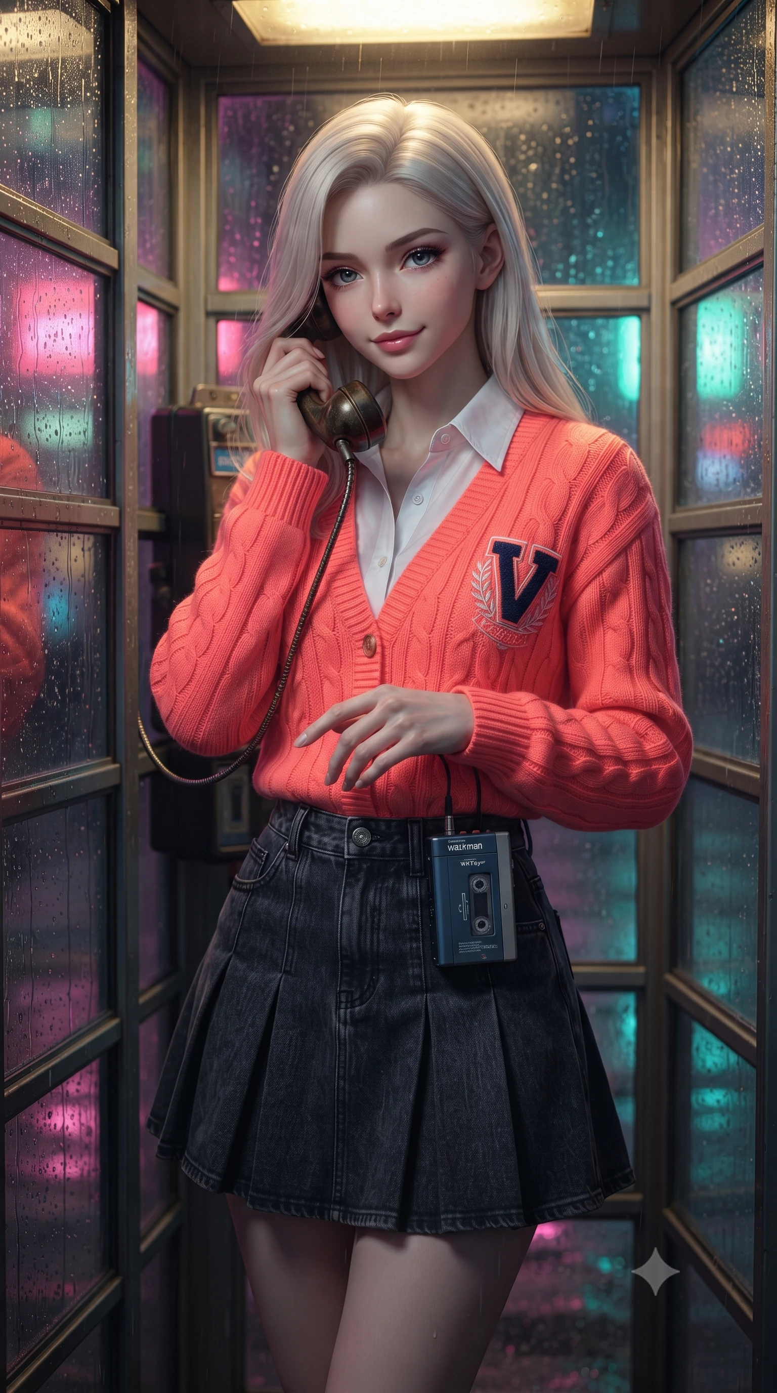 score_9, masterpiece, best quality, ultra-detailed, high-budget anime keyframe, editorial fashion photography, tasteful artistic composition, Caucasian woman. close-up cowboy shot from the waist and thighs up, the character dominates the composition, filling the frame with her large presence. holding her hands loosely in front with regal, aristocratic poise, radiating an overwhelming high-society aura while standing inside a vintage glass telephone booth with raindrops streaming down the panes, holding the receiver with a gentle smile. The surrounding environment is rendered in vivid detail and crisp panoramic clarity. emotional cinematic chiaroscuro and nostalgic 90s urban romance aesthetics captured with precision. She has an exceptionally elegant, slender, and willowy female figure with an ultra-slim waist, a gracefully sculpted slender torso, toned flat midriff, and a refined slim silhouette. sharp v-shaped jawline, high-bridge nose, intricate jewel-like eyes with depth, thick eyelashes, glossy lips with a natural sheen, captivating and magnetic expression, flawlessly proportioned anatomical accuracy, strict slender model proportions, natural body alignment, perfectly sculpted long slender limbs, ultra-slim waistline, clean dynamic posture without body distortion. wearing a preppy 80s varsity cardigan sweater layered over a crisp collared button-down shirt and a tennis pleated skirt in retro neon coral and washed black denim, knitted from soft cozy lambswool yarn with cable-knit textures, accessorized with a vintage portable cassette Walkman clipped to her waistband, the sleek tailored cut tightly hugging her graceful clavicle, narrow waist, and feminine curves with statuesque precision. bathed in cozy yellow interior phone booth lamp light contrasting with cool neon street reflections outside. ultra-reflective glossy finish, specular highlights, rich textural contrasts, high-contrast stereoscopic depth, volumetric dynamic lighting, 2k, ultra detail, master piece, 9:16 ratio