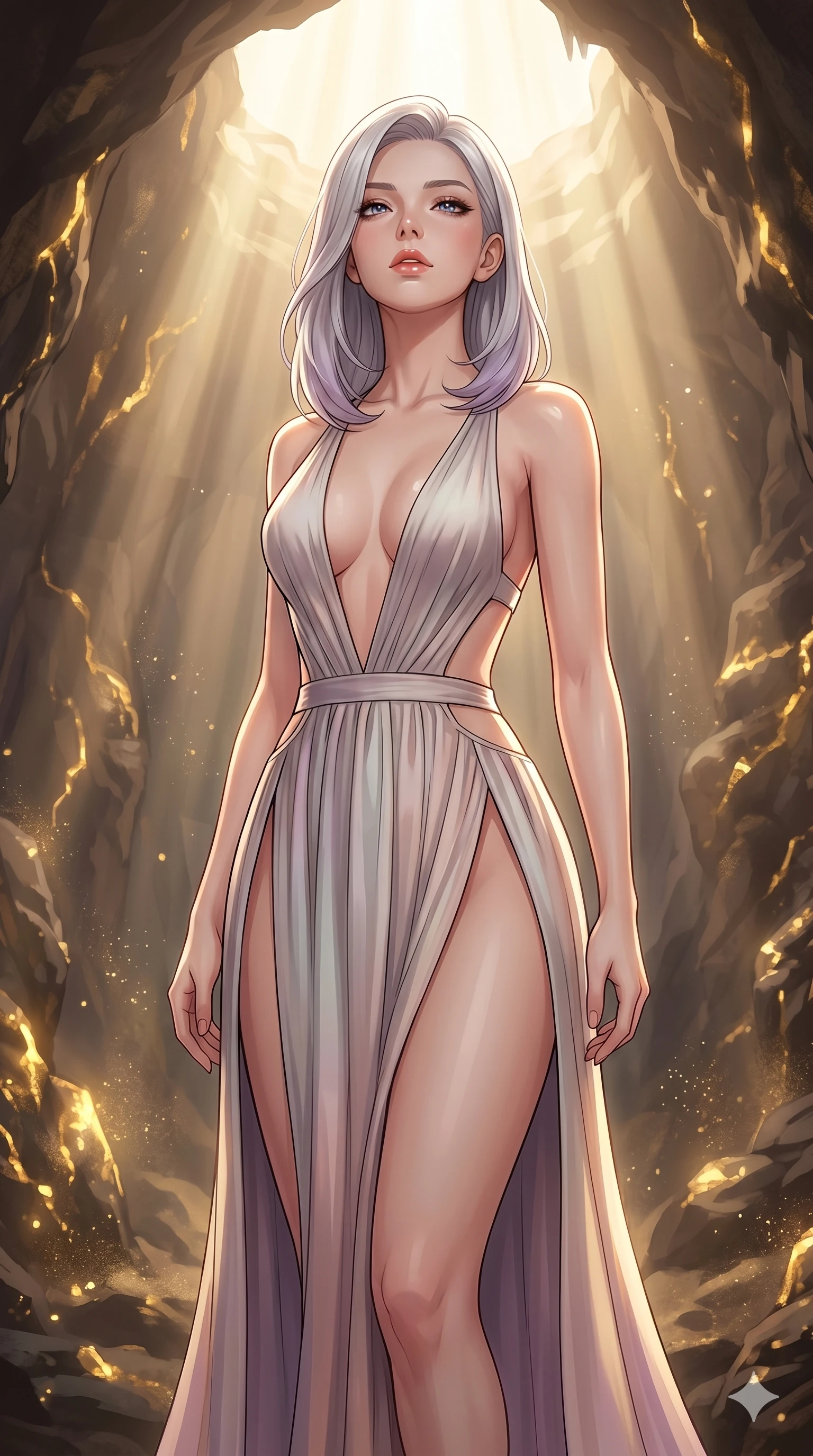 score_9, masterpiece, best quality, ultra-detailed, high-budget anime keyframe, editorial fashion photography, tasteful artistic composition, Caucasian woman, strictly human ears. cowboy shot from the thighs up, character and outfit filling the frame for maximum editorial presence. tilting her head back slightly with a confident expression, her lips parted in a secret cavern filled with glowing golden mineral veins and dust (Code-P18-130). She has an absolutely perfect 8-heads proportion, an exceptionally tall and slender female figure with impossibly long slender legs and an ultra-slim waist. V-shaped jawline, high-bridge nose, intricate jewel-like eyes with depth, thick eyelashes, glossy lips with a natural sheen. wearing a high-slit gown with plunging neck and side cutouts. drenched in soft morning sunbeams flowing from a high window, creating a serene mood. 2k, ultra detail, master piece, 9:16 ratio