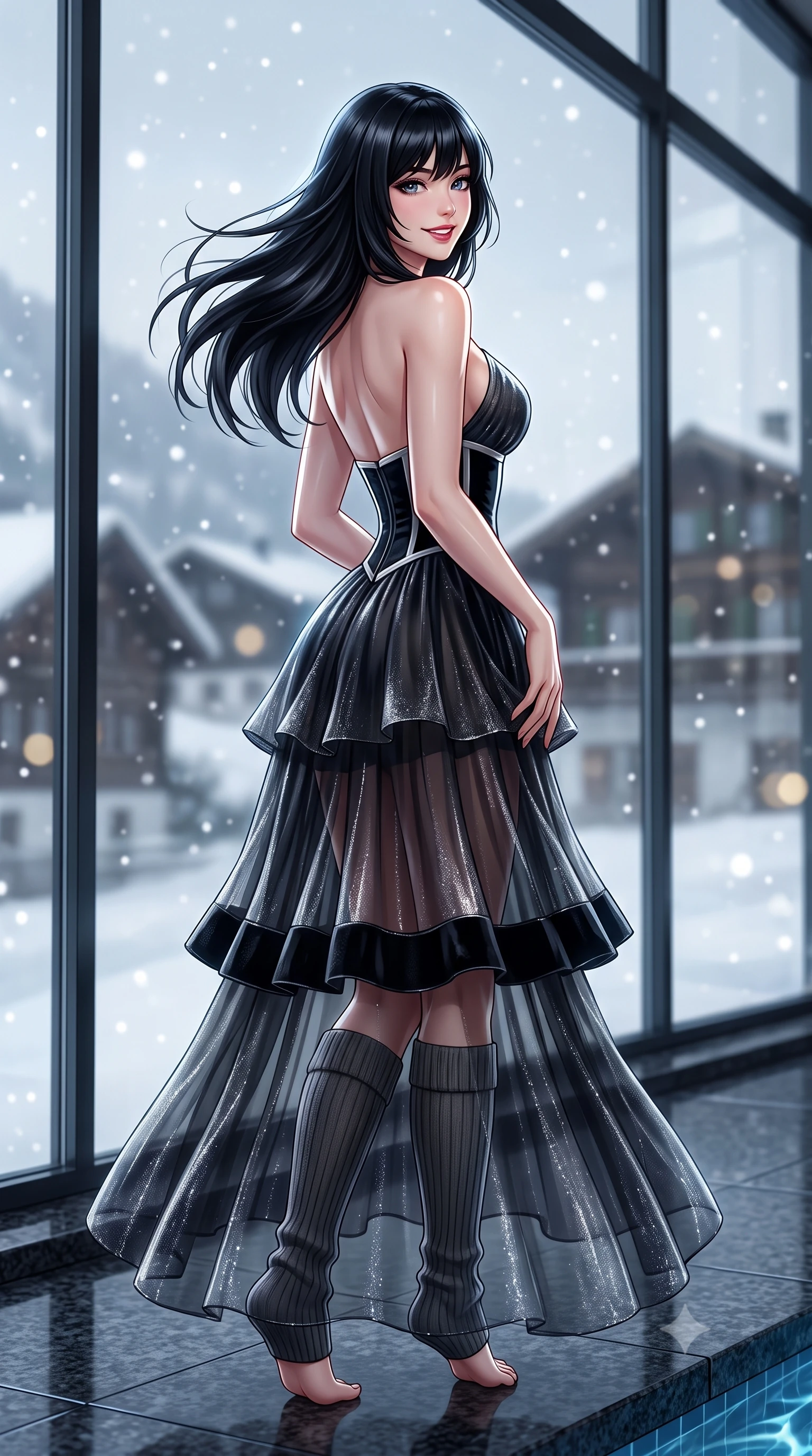 score_9, masterpiece, best quality, ultra-detailed, high-budget anime keyframe, semi-realistic 3D game render, editorial fashion photography, tasteful artistic composition, Caucasian woman. close-up cowboy shot from the waist and thighs up, the character dominates the composition, filling the frame with her large presence. turning playfully with a bright confident smile, her glossy hair tossing in the mountain breeze as her hips angle gracefully in a captivating contrapposto while standing poised on the dark granite pool deck with hips cocked back, looking over a bare shoulder toward snow gently falling outside the glass. The composition keeps background elements in soft focus with dreamy creamy bokeh. falling snowflakes outside towering architectural glass walls and snow-covered Swiss village chalets blurred into charcoal, silver, and gold bokeh. She has an exceptionally elegant, slender, and willowy female figure with an ultra-slim waist, flat toned midriff, narrow ribcage, and sculpted feminine hips creating an alluring, slim hourglass silhouette without bulk. sharp v-shaped jawline, high-bridge nose, sparkling ice-crystal eyes with depth, frosty thick lashes, glossy parted lips with a rosy berry sheen, bright playful smile with an intoxicating seductive glint, rosy flushed cheeks radiating cozy warmth and dangerous allure, flawlessly proportioned anatomical accuracy, strict slender model proportions, natural body alignment, perfectly sculpted long slender limbs, ultra-slim waistline, clean dynamic posture without body distortion. wearing a tiered semi-sheer chiffon and velvet ice-gown with an ultra-slim corseted waist in dark obsidian black and gleaming platinum, woven from metallic silver lurex thread casting frosty glints in the light, complemented by cozy ribbed wool knee-high leg warmers accentuating her slender legs, the liquid-tight tailored fabric clinging flawlessly to her narrow waist and rounded feminine hips, emphasizing every millimeter of her sculpted slim hourglass curves without any bulky heaviness. illuminated by pool caustic reflections and sharp platinum rim lights carving her razor-sharp jawline, narrow waist, and curvy hips. highly saturated vibrant anime colors, detailed shading with soft gradients, rich glossy textures, high-contrast stereoscopic depth, volumetric dynamic lighting, master piece, 9:16 ratio