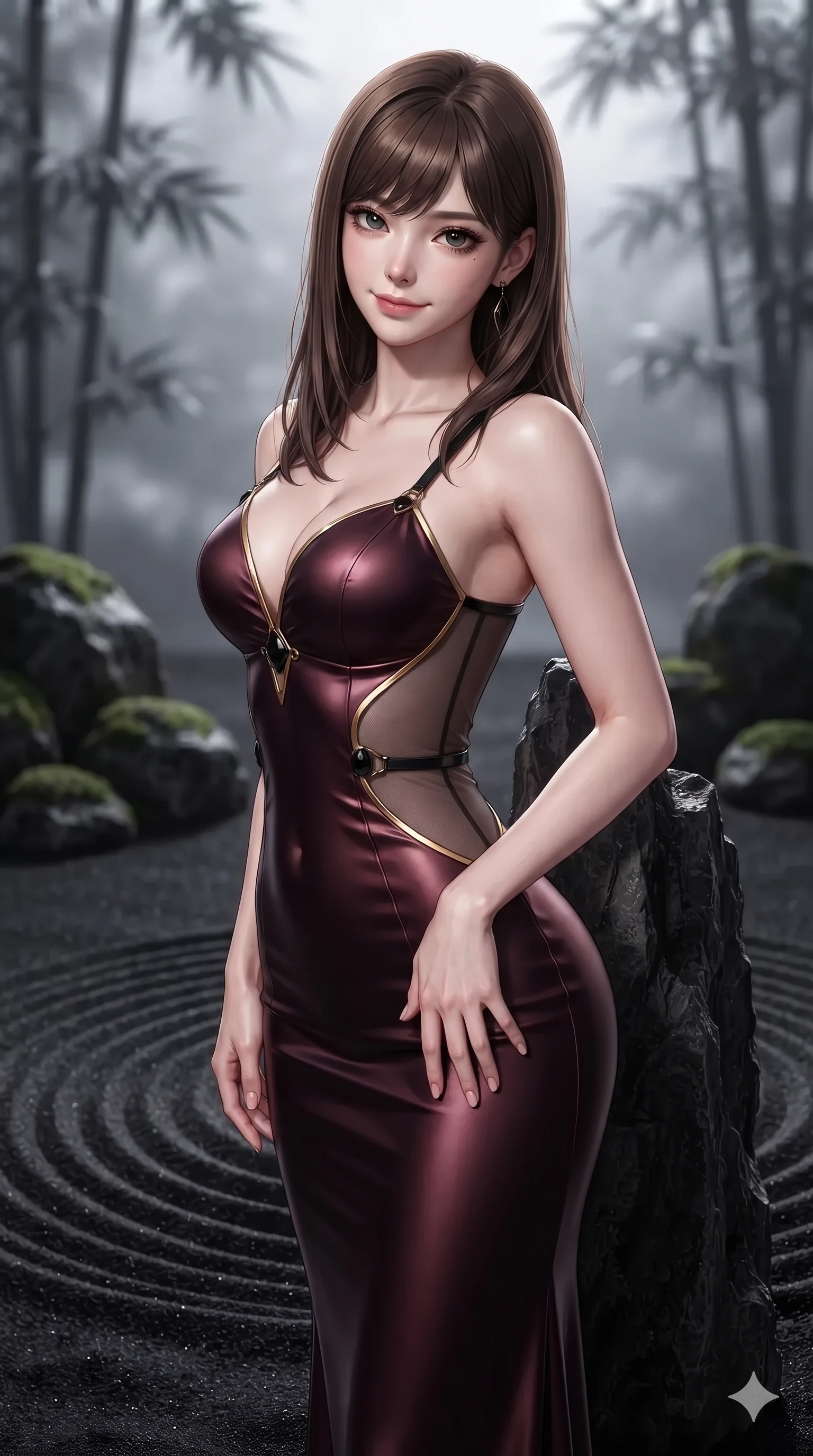 score_9, masterpiece, best quality, ultra-detailed, high-budget anime keyframe, editorial fashion photography, tasteful artistic composition, Korean woman. close-up cowboy shot from the waist and thighs up, the character dominates the composition, filling the frame with her large presence. tilting her head with a teasing half-smile, running one hand slowly down the side of her hip in a flirtatious S-curve while standing tall beside a solitary jagged basalt monolith in the raked black sand garden, arching her spine with sovereign supermodel grace. The background shows a soft-focus concentric raked ripples in black volcanic sand, dark moss-rimmed boulder groupings, and distant bamboo silhouettes blurred into silver, slate, and charcoal bokeh. She has an exceptionally elegant, slender, and willowy female figure with an ultra-slim waist, flat toned midriff, narrow ribcage, and sculpted feminine hips creating an alluring, slim hourglass silhouette without bulk. sharp v-shaped jawline, high-bridge nose, intricate jewel-like dark sparkling eyes with hypnotic seductive depth, thick curled eyelashes, glossy parted lips with a natural wine sheen, alluring bedroom-eyes with an enigmatic smoldering smile, exuding magnetic sovereign charisma and dark avant-garde glamour, flawlessly proportioned anatomical accuracy, strict slender model proportions, natural body alignment, perfectly sculpted long slender limbs, ultra-slim waistline, clean dynamic posture without body distortion. wearing an alluring plunging sweetheart bodice dress with sheer mesh side-waist cutouts contouring her ribs in deep wine burgundy and lustrous gold foil, tailored from soft dark satin with subtle light-absorbing depth, adorned with minimalist black onyx hardware framing the silhouette, the form-fitting cut adhering flawlessly to her sculpted flat midriff and slender torso, emphasizing her long leg lines and perfectly proportioned willowy build. illuminated by moonlit sand ripple bounce and sharp silver-topaz rim lights defining her razor-sharp jawline, narrow waist, and curvy hips. ultra-reflective glossy finish, specular highlights, metallic sheen, high-contrast stereoscopic depth, volumetric dynamic lighting, 2k, ultra detail, master piece, 9:16 ratio
