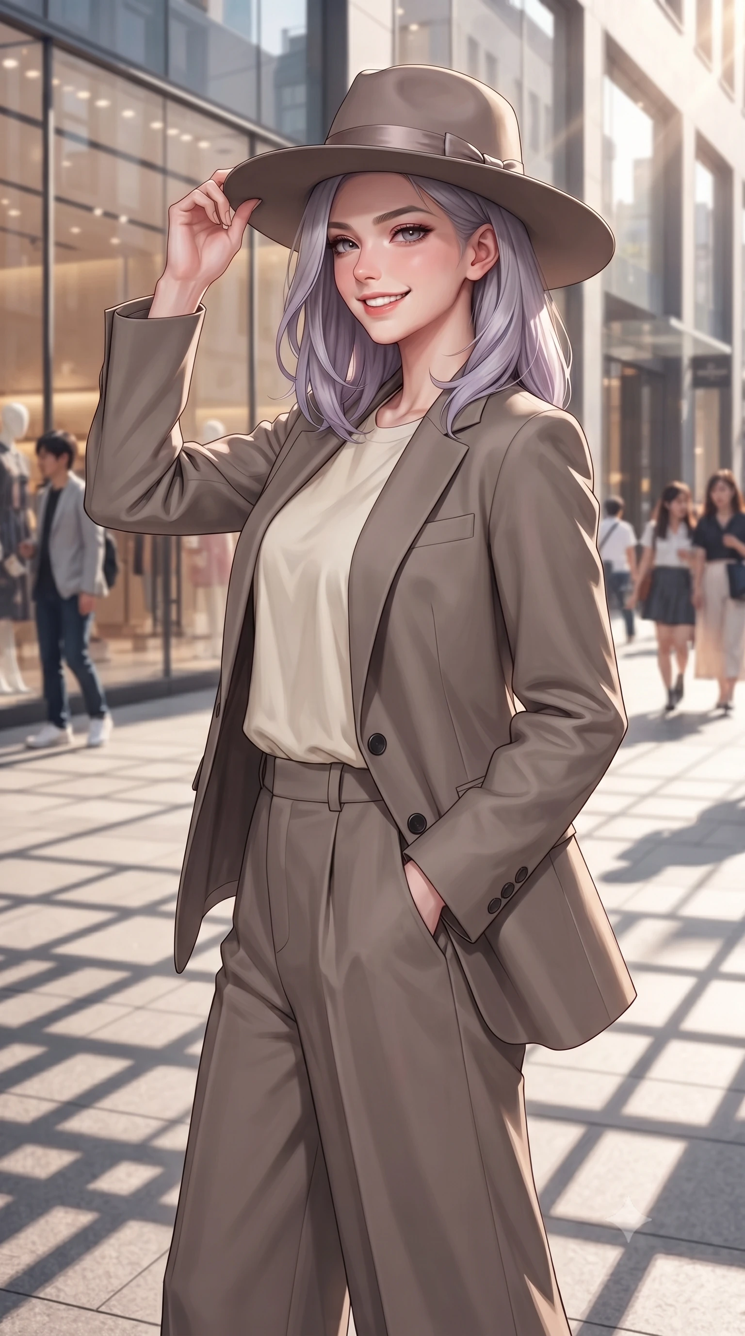 score_9, masterpiece, best quality, ultra-detailed, high-budget anime keyframe, editorial fashion photography, tasteful artistic composition, Caucasian woman. close-up cowboy shot from the waist and thighs up, the character dominates the composition, filling the frame with her large presence, background elements kept in soft focus. glancing sidelong over her shoulder with an alluring, lingering gaze and a subtle grin set against a soft-focus background of in a bustling fashion district plaza with glass buildings and designer stores adjusting her stylish hat with a bright, confident smile. She has an exceptionally elegant, slender, and willowy female figure with an ultra-slim waist, a gracefully sculpted slender torso, and a refined silhouette. sharp v-shaped jawline, high-bridge nose, intricate jewel-like eyes with depth, thick eyelashes, glossy lips with a natural sheen. wearing body-hugging tailored casual blazer in taupe, paired with a loose tee and wide-leg trousers. warm late afternoon sunrays casting long grid shadows across the boulevard. highly saturated vibrant anime colors, detailed shading with soft gradients, rich glossy textures, high-contrast stereoscopic depth, volumetric dynamic lighting, master piece, 9:16 ratio