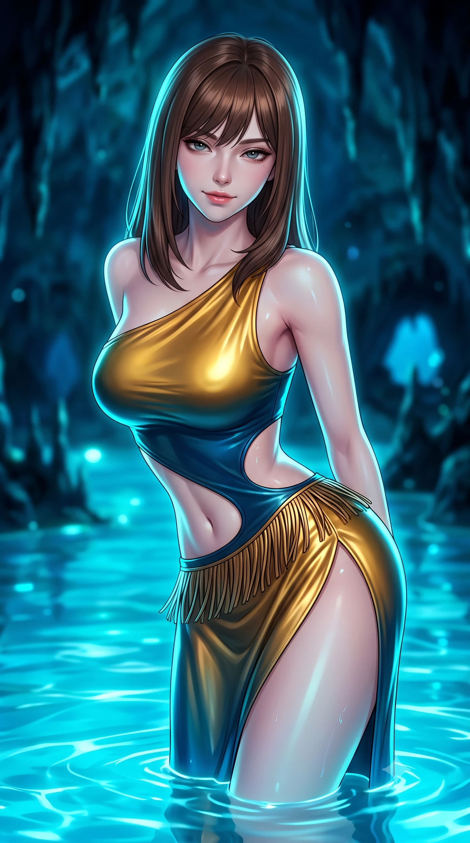 score_9, masterpiece, best quality, ultra-detailed, high-budget anime keyframe, semi-realistic 3D game render, editorial fashion photography, tasteful artistic composition, Korean woman. close-up cowboy shot from the waist and thighs up, the character dominates the composition, filling the frame with her large presence. leaning forward while arching her lower back to accentuate her curvy hips, looking into the camera with an intoxicating smoldering gaze and bedroom-eyes while standing in waist-deep glowing azure water with hips cocked back, looking into the lens with hypnotic, heavy-lidded bedroom-eyes. The background shows a soft-focus eerie glowing neon-blue cavern water, dark limestone stalactites, and tiny cave openings blurred into electric sapphire, teal, and obsidian bokeh. She has an exceptionally elegant, slender, and willowy female figure with an ultra-slim waist, flat toned midriff, narrow ribcage, and sculpted feminine hips creating an alluring, slim hourglass silhouette without bulk. sharp v-shaped jawline, high-bridge nose, sparkling eyes with hypnotic seductive depth, thick curled eyelashes, glossy parted lips with a natural dewy peach sheen, alluring bedroom-eyes with an enchanting coquettish smile, exuding magnetic siren charisma and sophisticated glamour, flawlessly proportioned anatomical accuracy, strict slender model proportions, natural body alignment, perfectly sculpted long slender limbs, ultra-slim waistline, clean dynamic posture without body distortion. wearing an asymmetric one-shoulder liquid jersey resort gown with dramatic hip-high slit and waist cutout in molten liquid gold and deep ocean sapphire, tailored from second-skin technical compression neoprene with athletic curve-sculpting stretch, finished with a delicate leather fringe trim fluttering along her hip line with kinetic charm, the liquid-tight tailored fabric clinging flawlessly to her narrow waist and rounded feminine hips, emphasizing every millimeter of her sculpted slim hourglass curves without any bulky heaviness. illuminated by aquatic caustic reflections and sharp electric-cyan rim lights sculpting her jawline, ultra-slim waist, and curvy hips. highly saturated vibrant anime colors, detailed shading with soft gradients, rich glossy textures, high-contrast stereoscopic depth, volumetric dynamic lighting, master piece, 9:16 ratio