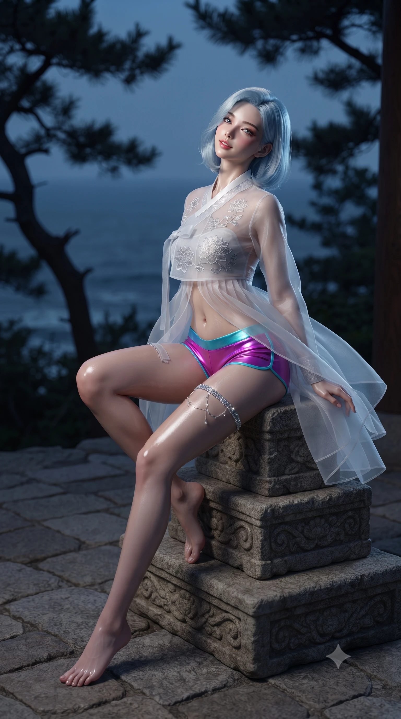 score_9, masterpiece, best quality, ultra-detailed, high-budget anime keyframe, editorial fashion photography, tasteful artistic composition, Korean woman. low angle full-body shot from head to toe showing her feet, filling the entire 9:16 vertical frame with her statuesque presence, stretching her vertical silhouette. sitting poised on the stone steps with one knee bent, arching her spine with supermodel elegance as she glances upward through thick eyelashes while standing at the edge of the open-air cliffside pavilion, arching her spine with dramatic siren poise as sea breezes billow her silk skirt. The background shows a soft-focus gnarled ancient pine silhouettes and rolling ocean waves below blurred into deep midnight navy, silver, and charcoal bokeh. She has an absolutely perfect, statuesque 8.5-heads proportion, an exceptionally tall and slender model-like female figure with impossibly long slender legs, an ultra-slim waist, a flat toned midriff, narrow delicate ribcage, and beautifully sculpted feminine hips creating a graceful, slim hourglass silhouette without any bulky heaviness. sharp v-shaped jawline, high-bridge nose, sparkling eyes with hypnotic seductive depth, thick curled eyelashes, glossy parted lips with a natural dewy peach sheen, alluring bedroom-eyes with an enchanting coquettish smile, exuding magnetic siren charisma and sophisticated glamour, flawlessly proportioned anatomical accuracy, strict slender model proportions, natural body alignment, perfectly sculpted long slender limbs, ultra-slim waistline, clean dynamic posture without body distortion. wearing a form-contouring sheer organza hanbok bodice with delicate lotus embroidery paired with low-rise silk hot-pants in electric 80s magenta and neon cyan with chrome highlights, woven from buttery-soft stretch lambskin leather adhering to her body like a second skin, accented with a delicate crystal-encrusted thigh garter strap glinting under the lights, the form-contouring silhouette accentuating her sculpted flat midriff, narrow delicate ribcage, and gracefully curvy hips with intoxicating allure. illuminated by sea reflection fill and sharp platinum rim lights sculpting her delicate clavicles, narrow waist, and curvaceous hips. ultra-reflective glossy finish, specular highlights, rich textural contrasts, high-contrast stereoscopic depth, volumetric dynamic lighting, 2k, ultra detail, master piece, 9:16 ratio