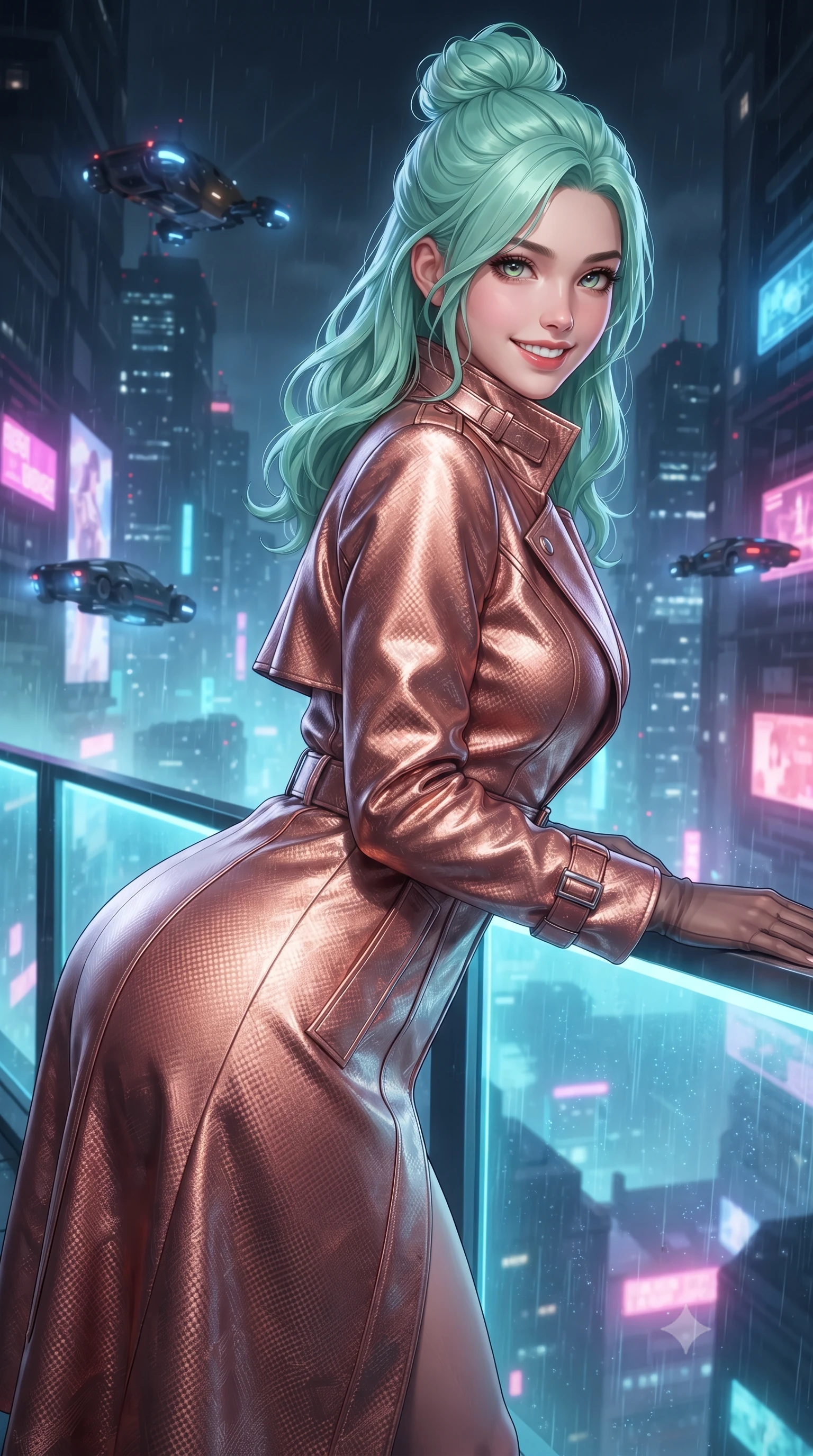 score_9, masterpiece, best quality, ultra-detailed, high-budget anime keyframe, editorial fashion photography, tasteful artistic composition, Japanese woman. close-up cowboy shot from the waist and thighs up, the character dominates the composition, filling the frame with her large presence. leaning forward while arching her lower back to accentuate her curvy hips, looking into the camera with an intoxicating smoldering gaze and bedroom-eyes while leaning against the glowing aero-glass barrier with hips cocked back, watching hovering spinners glide through neon fog with intoxicating bedroom-eyes. The surrounding environment is rendered in vivid detail and crisp panoramic clarity: detailed garment tailoring, cyber-hardware accents, and cutting-edge aero-architecture in razor-sharp precision. She has an exceptionally elegant, slender, and willowy female figure with an ultra-slim waist, flat toned midriff, narrow ribcage, and sculpted feminine hips creating an alluring, slim hourglass silhouette without bulk. sharp v-shaped jawline, high-bridge nose, intricate jewel-like sparkling eyes with depth, thick eyelashes, glossy parted lips with a natural peach sheen, bright cheerful beaming smile with an enchanting and coquettish sensual glint, exuding both youthful cute charm and seductive allure, flawlessly proportioned anatomical accuracy, strict slender model proportions, natural body alignment, perfectly sculpted long slender limbs, ultra-slim waistline, clean dynamic posture without body distortion. wearing a tailored high-collar cyberpunk tech-trench coat with magnetic buckle closures and wide storm flaps in high-gloss rose-gold and burnished copper, woven from structured carbon-fiber jacquard with rich textural depth, complemented by sheer opera-length evening gloves tracing her slender arms, the impeccably tailored cut draping gracefully along her slender figure with aristocratic poise. illuminated by rain-slicked deck bounce and sharp cobalt-blue rim lights sculpting her jawline, narrow waist, and curvy hips. ultra-reflective glossy finish, specular highlights, rich textural contrasts, high-contrast stereoscopic depth, volumetric dynamic lighting, 2k, ultra detail, master piece, 9:16 ratio