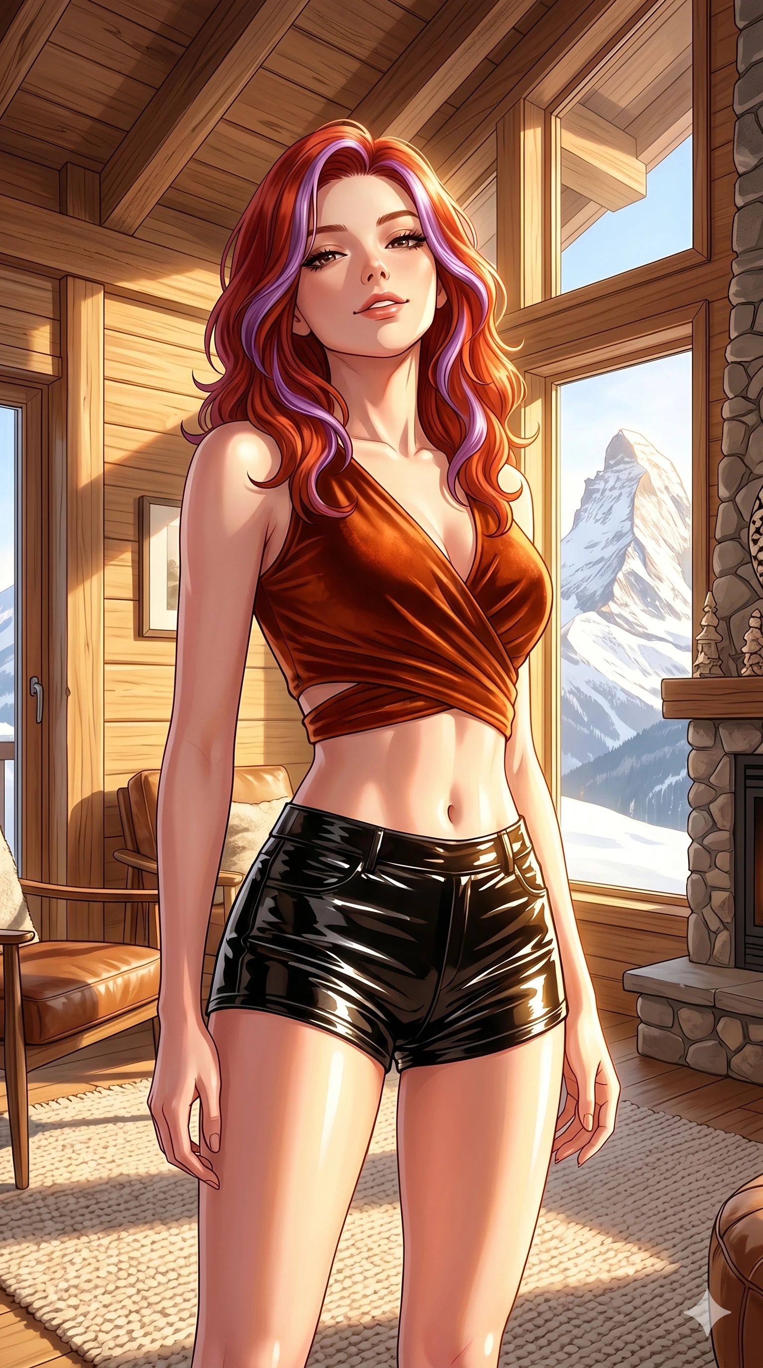 score_9, masterpiece, best quality, ultra-detailed, high-budget anime keyframe, editorial fashion photography, tasteful artistic composition, Caucasian woman, strictly human ears. cowboy shot from the thighs up, character and outfit filling the frame for maximum editorial presence. tilting her head back slightly, looking down with a self-assured smile inside a cozy mountain lodge cabin with windows showing a sunny peak (Code-P19-123). She has an absolutely perfect 8-heads proportion, an exceptionally tall and slender female figure with impossibly long slender legs and an ultra-slim waist. V-shaped jawline, high-bridge nose, intricate jewel-like eyes with depth, thick eyelashes, glossy lips with a natural sheen. wearing a wrap top exposing her bare midriff and micro-shorts in wet-look polymer. drenched in brilliant afternoon sunshine, casting warm rays that trace her athletic build. 2k, ultra detail, master piece, 9:16 ratio