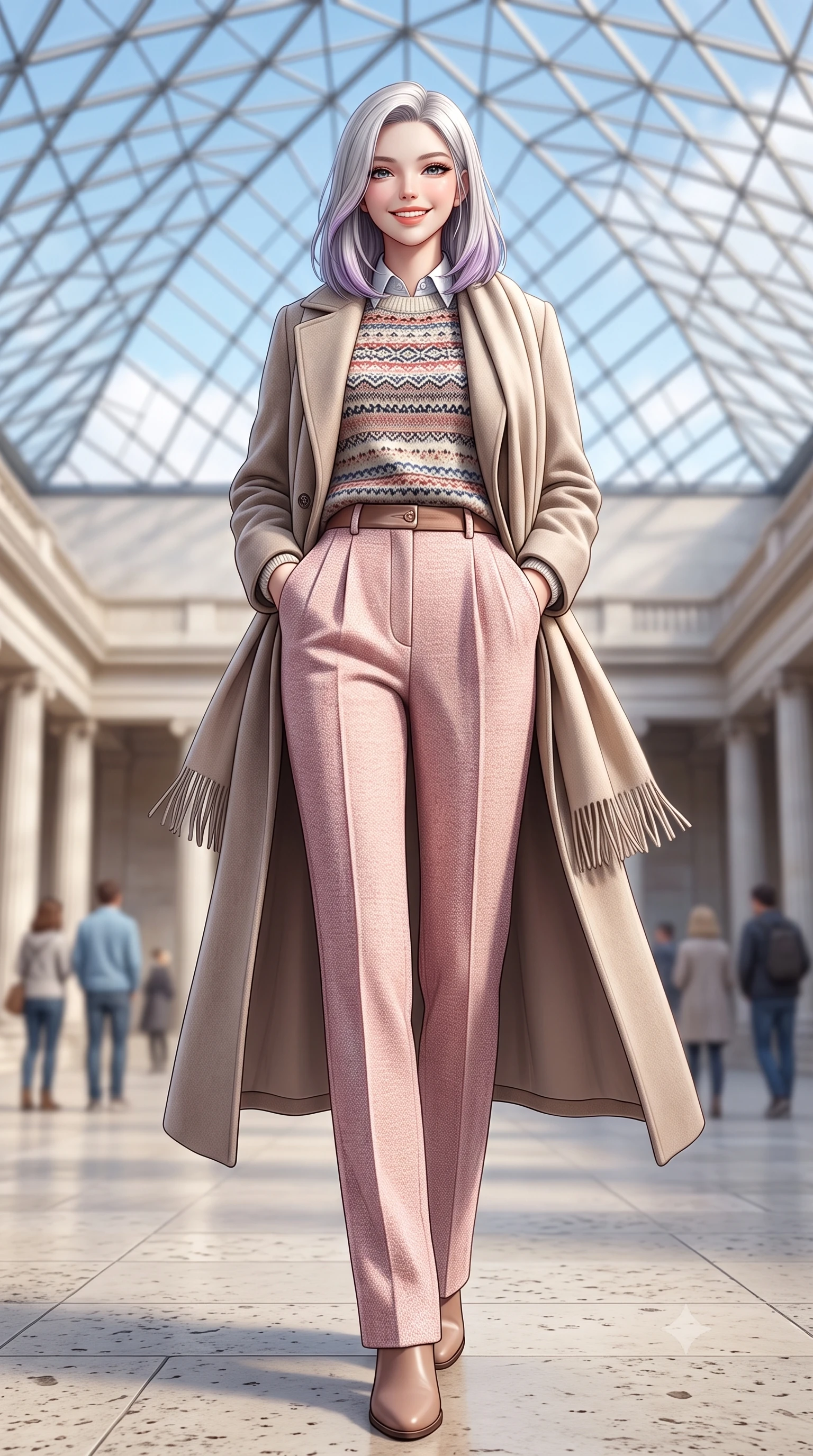 score_9, masterpiece, best quality, ultra-detailed, high-budget anime keyframe, semi-realistic 3D game render, editorial fashion photography, tasteful artistic composition, Caucasian woman. low angle full-body shot from head to toe showing her feet, filling the entire 9:16 vertical frame with her statuesque presence, stretching her vertical silhouette. standing tall and centered in the frame with hands tucked into her coat pockets, radiating statuesque poise and calm warmth while stepping gracefully across the vast limestone courtyard floor, her long tailored coat flowing with statuesque elegance. The background shows a soft-focus triangular glass roof lattice patterns against blue autumn sky, neoclassical colonnades, and museum visitors blurred into alabaster, sky blue, and dove grey bokeh. She has an exceptionally tall and slender model-like 8.5-heads proportion, an ultra-slim waist, a flat toned midriff, narrow delicate ribcage, and beautifully sculpted feminine hips creating a graceful, slim hourglass silhouette without any bulky heaviness, with impossibly long slender legs. sharp v-shaped jawline, high-bridge nose, intricate jewel-like sparkling eyes with depth, thick eyelashes, glossy parted lips with a natural peach sheen, bright cheerful beaming smile with an enchanting and coquettish sensual glint, exuding both youthful cute charm and seductive allure, flawlessly proportioned anatomical accuracy, strict slender model proportions, natural body alignment, perfectly sculpted long slender limbs, ultra-slim waistline, clean dynamic posture without body distortion. wearing a Fair Isle patterned lambswool knit sweater layered over an Oxford button-down shirt with pleated wool trousers in Parisian pastel rose bouclé and cream pearl, crafted from ultra-soft Mongolian cashmere with exquisite insulating warmth and tactile softness, accented with a wide brushed cashmere fringe scarf draped elegantly over one shoulder, the expertly draped wool fabric falling in crisp fluid lines along her tall 8.5-heads silhouette, celebrating her slender frame without excess fabric bulk. bathed in voluminous pure white zenithal daylight filtering through the vast geometric glass skylight canopy. highly saturated vibrant anime colors, detailed shading with soft gradients, rich glossy textures, high-contrast stereoscopic depth, volumetric dynamic lighting, master piece, 9:16 ratio