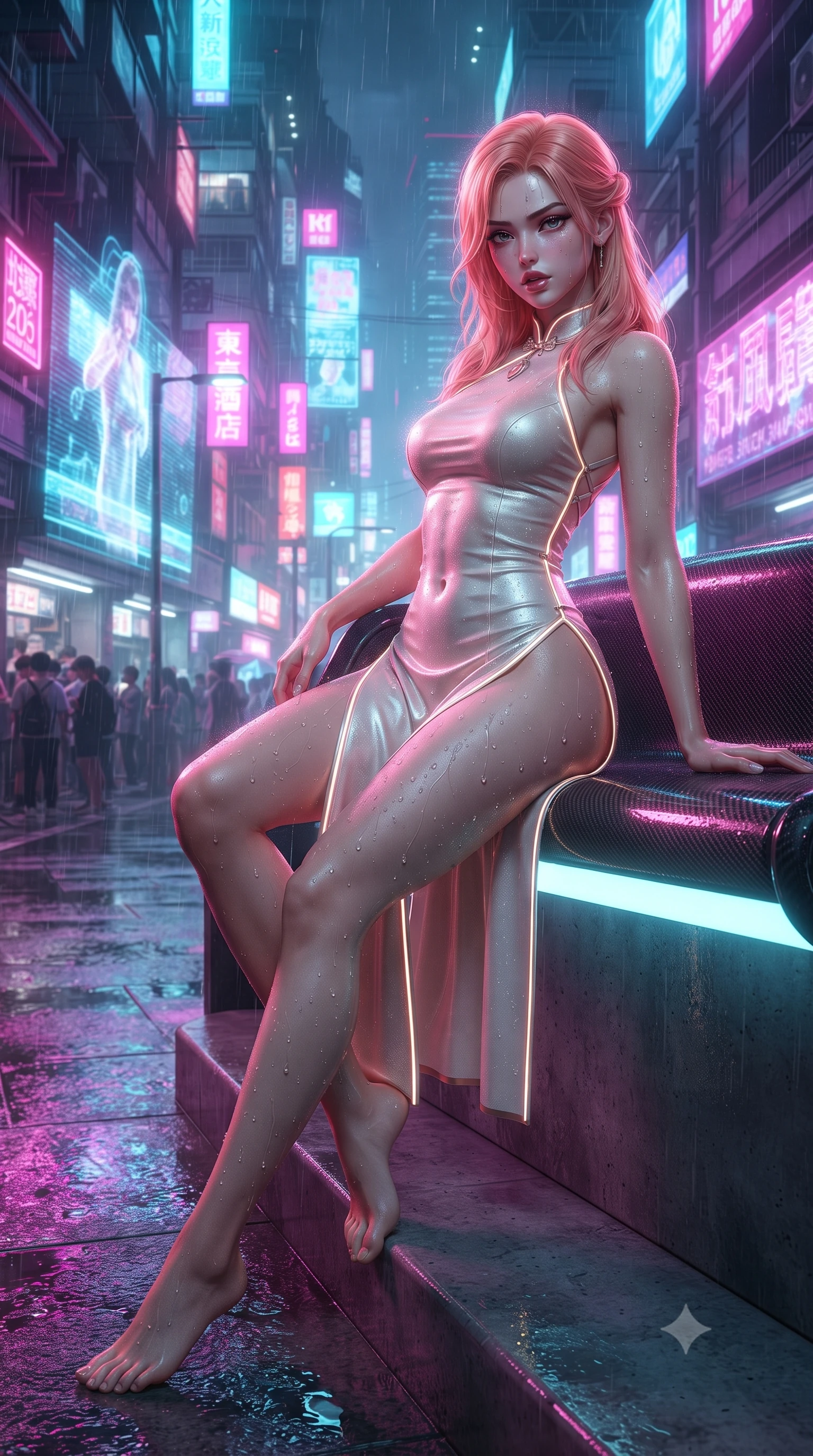 score_9, masterpiece, best quality, ultra-detailed, high-budget anime keyframe, editorial fashion photography, tasteful artistic composition, Japanese woman. low angle full-body shot from head to toe showing her feet, filling the entire 9:16 vertical frame with her statuesque presence, stretching her vertical silhouette. sitting perched on the elevated edge with hips angled toward the camera and legs crossed, displaying her toned midriff and flawlessly sculpted slender limbs while reclining casually on a carbon-fiber outdoor bench propped on one elbow, her narrow waist and rounded curves sculpted by electric magenta and cyan reflections. The surrounding environment is rendered in vivid detail and crisp panoramic clarity. detailed wet-look garment texture, water droplet beads on skin, and futuristic Shinjuku alleyway architecture in high resolution. She has an exceptionally tall and slender model-like 8.5-heads proportion, an ultra-slim waist, a flat toned midriff, narrow delicate ribcage, and beautifully sculpted feminine hips creating a graceful, slim hourglass silhouette without any bulky heaviness, with impossibly long slender legs. sharp v-shaped jawline, high-bridge nose, intricate jewel-like eyes with depth, thick eyelashes, glossy parted lips with a natural sheen, intensely captivating and seductive bedroom-eyes expression, flawlessly proportioned anatomical accuracy, strict slender model proportions, natural body alignment, perfectly sculpted long slender limbs, ultra-slim waistline, clean dynamic posture without body distortion. wearing a modernized cyber-qipao mini dress with an ultra-high side slit ascending to the hip and glowing piping in vintage champagne ivory and delicate rose gold, tailored from liquid silk jersey adhering flawlessly to her slender build, finished with criss-cross back satin straps highlighting her graceful shoulder blades, the form-contouring material adhering flawlessly to her sculpted flat midriff and slender torso, emphasizing her long leg lines and perfectly proportioned willowy build. illuminated by wet ground specular reflections accentuating her sculpted midriff, narrow waist, and curvy hips. ultra-reflective glossy finish, specular highlights, rich textural contrasts, high-contrast stereoscopic depth, volumetric dynamic lighting, 2k, ultra detail, master piece, 9:16 ratio