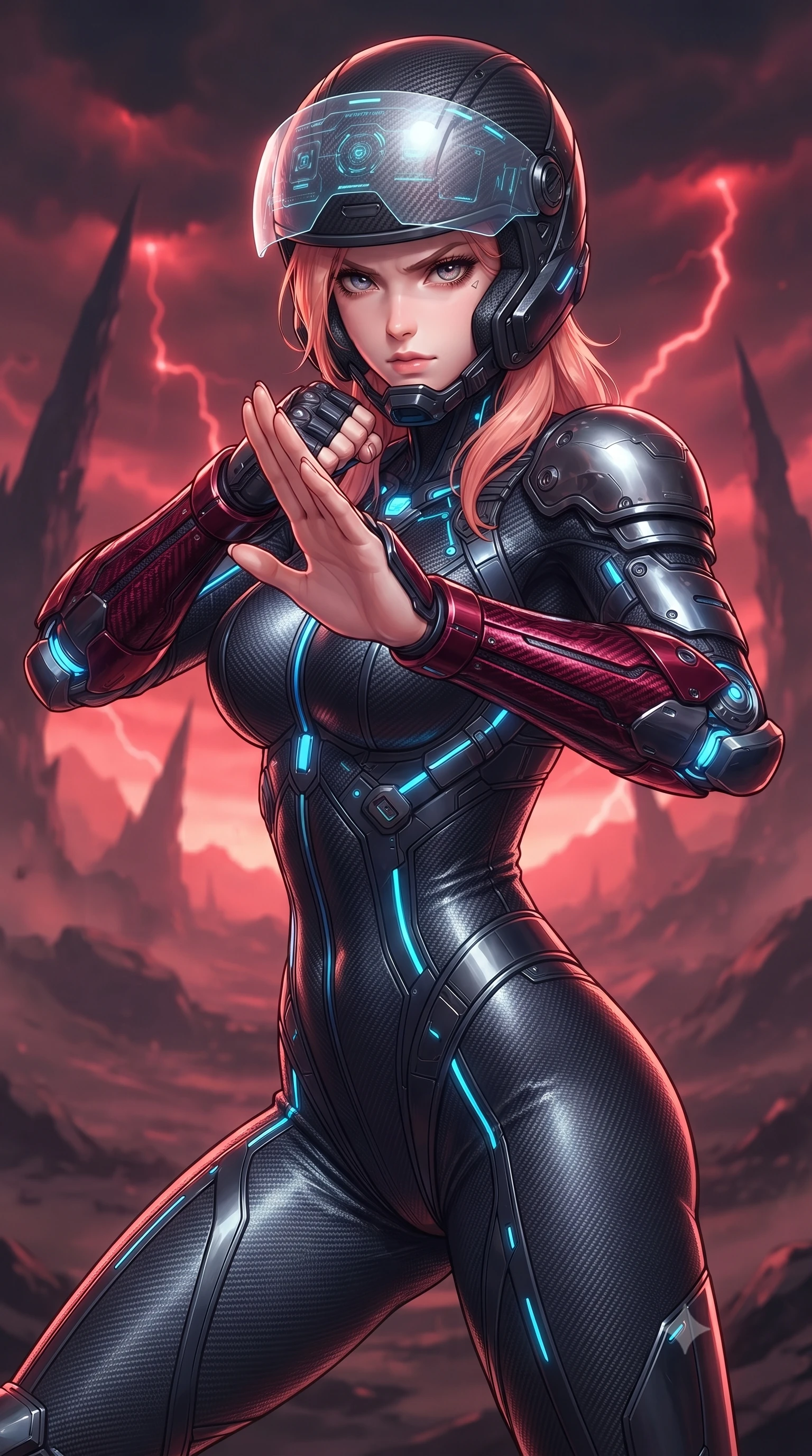 score_9, masterpiece, best quality, ultra-detailed, high-budget anime keyframe, editorial fashion photography, tasteful artistic composition, Japanese woman. close-up cowboy shot from the waist and thighs up, the character dominates the composition, filling the frame with her large presence. twisting her upper body in a dynamic S-curve martial arts stance, cybernetic elbow dampers glowing with blue energy as she aims a focused palm strike while marching solitary across an endless toxic ash wasteland beneath red lightning storm clouds with heavy armored pauldrons glistening. The composition keeps background elements in soft focus with creamy bokeh. jagged obsidian spires and barren wasteland craters softened in dreamy atmospheric depth. She has an exceptionally elegant, slender, and willowy female figure with an ultra-slim waist, a gracefully sculpted slender torso, toned flat midriff, and a refined slim silhouette. sharp v-shaped jawline, high-bridge nose, intricate jewel-like eyes with depth, thick eyelashes, glossy lips with a natural sheen, fierce and resolute heroine expression, flawlessly proportioned anatomical accuracy, strict slender model proportions, natural body alignment, perfectly sculpted long slender limbs, ultra-slim waistline, clean dynamic posture without body distortion. wearing an open-face aerodynamic carbon-fiber combat helmet with a retracted transparent holographic HUD visor framing her sharp jawline and jewel-like eyes, paired with a skin-tight dark carbon-weave combat bodysuit with glowing neon energy conduits and reinforced Damascus-pattern forearm strike guards in deep battle-scarred crimson carbon weave with specular dark chrome accents, crafted from ultra-strong woven carbon-fiber composite with battle-tested satin luster, reinforced by a heavy-duty titanium tactical harness and glowing micro-energy status straps, the form-contouring material adhering flawlessly to her sculpted flat midriff and slender torso, emphasizing her long leg lines and perfectly proportioned willowy build. bathed in eerie crimson lightning storm backlighting and ominous dark ash ambient fill. ultra-reflective glossy finish, specular highlights, dark metallic sheen, high-contrast stereoscopic depth, volumetric dynamic lighting, 2k, ultra detail, master piece, 9:16 ratio