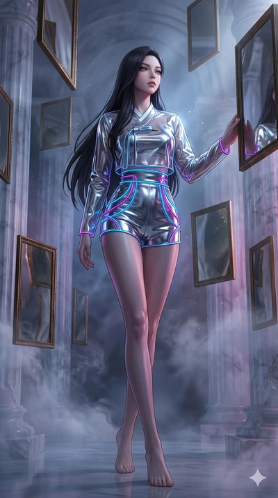 score_9, masterpiece, best quality, ultra-detailed, high-budget anime keyframe, Korean woman. low angle full-body shot filling the entire 9:16 frame with her statuesque presence, stretching the vertical silhouette. wandering through a mirage cloud ca