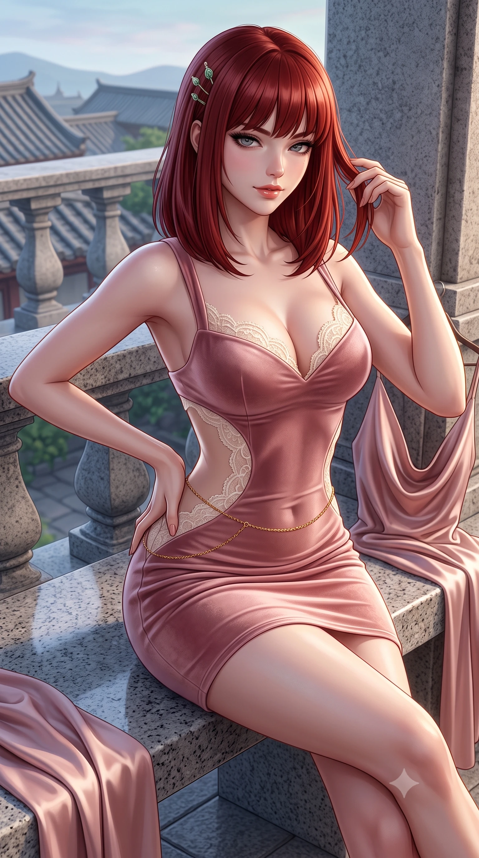 score_9, masterpiece, best quality, ultra-detailed, high-budget anime keyframe, semi-realistic 3D game render, editorial fashion photography, tasteful artistic composition, Caucasian woman. close-up cowboy shot from the waist and thighs up, the character dominates the composition, filling the frame with her large presence. twisting her slender torso in an alluring contrapposto stance, one hand resting on her sculpted hip while her fingers toy with her hair with effortless poise while lounging across the stone veranda ledge propped on one hand, her long slender legs and flat midriff commanding the tranquil sky sanctuary. The surrounding environment is rendered in vivid detail and crisp panoramic clarity: detailed plunging cowl-neck silk satin slip dress drape, delicate jade hairpin gleam, and rooftop landscape craft in high resolution. She has an exceptionally elegant, slender, and willowy female figure with an ultra-slim waist, flat toned midriff, narrow ribcage, and sculpted feminine hips creating an alluring, slim hourglass silhouette without bulk. sharp v-shaped jawline, high-bridge nose, sparkling eyes with hypnotic seductive depth, thick curled eyelashes, glossy parted lips with a natural dewy peach sheen, alluring bedroom-eyes with an enchanting coquettish smile, exuding magnetic siren charisma and sophisticated glamour, flawlessly proportioned anatomical accuracy, strict slender model proportions, natural body alignment, perfectly sculpted long slender limbs, ultra-slim waistline, clean dynamic posture without body distortion. wearing a deep sweetheart-neckline velvet bodycon dress with sheer side-torso cutouts accentuating her hourglass curves in dusky blush pink and warm ivory lace, woven from buttery-soft stretch lambskin leather adhering to her body like a second skin, accented with a dainty gold belly chain resting across her flat midriff and curving hips, the precision-cut side openings and low-back scoop framing her graceful spine and the sensual sweep of her slim, toned hips. illuminated by granite bench reflection fill and sharp platinum-gold rim lights defining her razor-sharp jawline, narrow waist, and curvy hips. highly saturated vibrant anime colors, detailed shading with soft gradients, rich glossy textures, high-contrast stereoscopic depth, volumetric dynamic lighting, master piece, 9:16 ratio