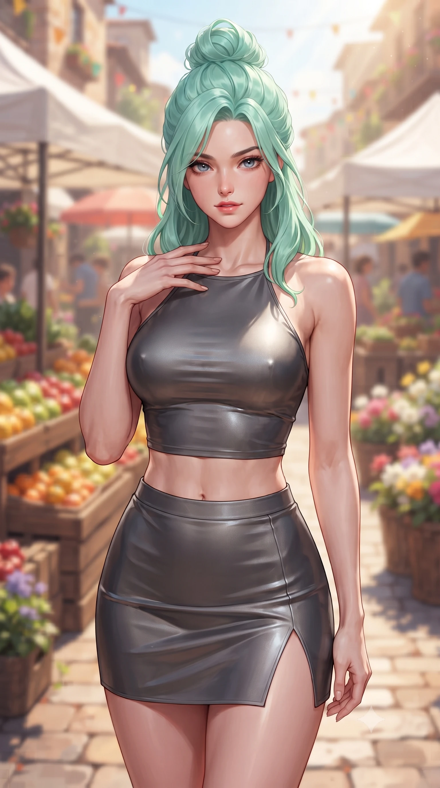 score_9, masterpiece, best quality, ultra-detailed, high-budget anime keyframe, editorial fashion photography, tasteful artistic composition, Japanese woman woman. close-up cowboy shot from the waist and thighs up, the character dominates the composition, filling the frame with her large presence, background elements kept in soft focus. standing with one hand resting on her collarbone, looking at the viewer with bedroom-eyes the background shows a soft-focus a bustling market square with wooden stalls selling fresh fruit and flowers under white tents. She has an exceptionally elegant, slender, and willowy female figure with an ultra-slim waist, a gracefully sculpted slender torso, and a refined silhouette. sharp v-shaped jawline, high-bridge nose, intricate jewel-like eyes with depth, thick eyelashes, glossy lips with a natural sheen. wearing a body-hugging halter crop top in charcoal gray, paired with a matching side-slit mini skirt. bright midday sun rays creating a lively and colorful atmosphere. ultra-reflective glossy finish, specular highlights, metallic sheen, high-contrast stereoscopic depth, volumetric dynamic lighting, 2k, ultra detail, master piece, 9:16 ratio